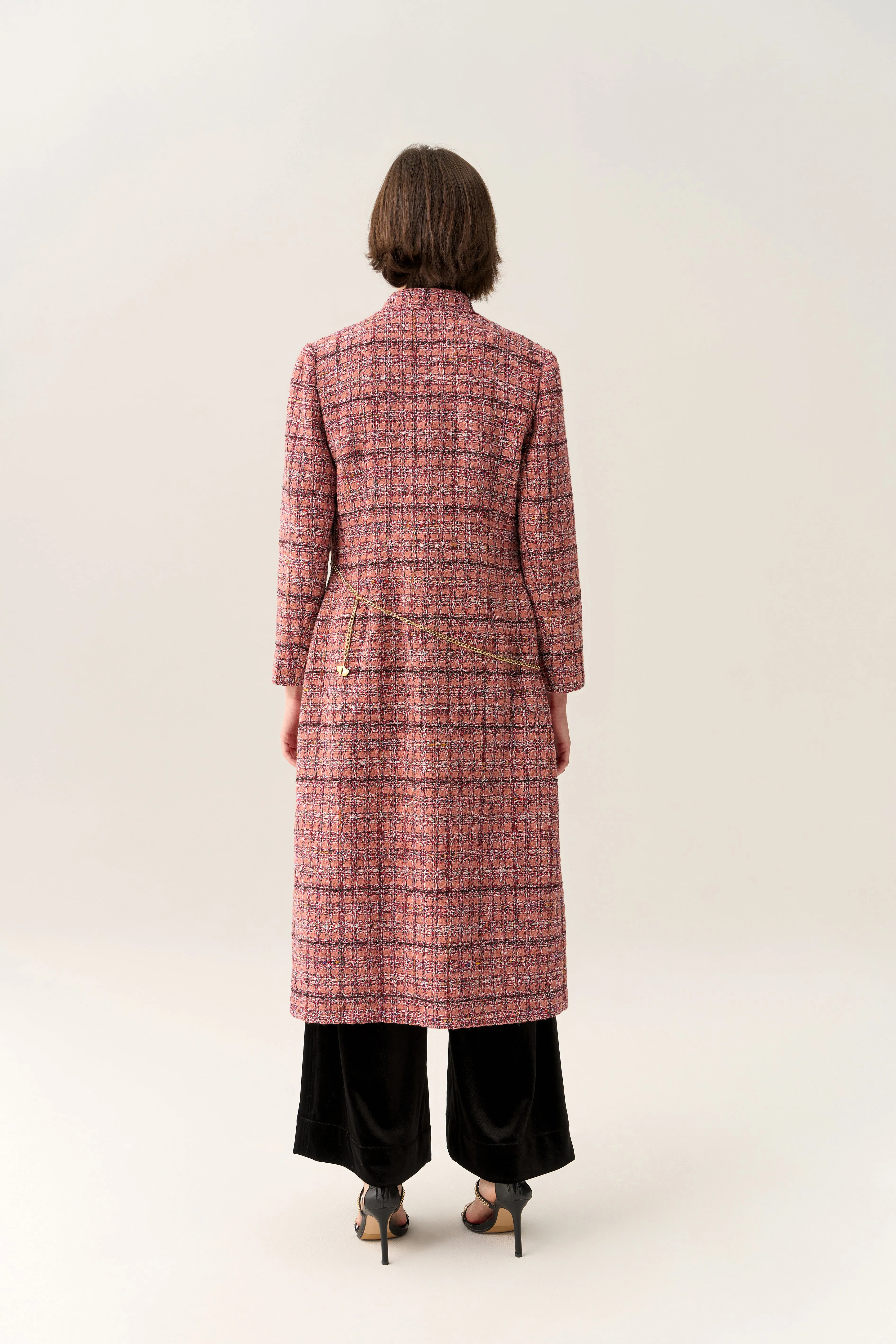 Charm-detail Chain Belt Stand Collar Tweed Dress
