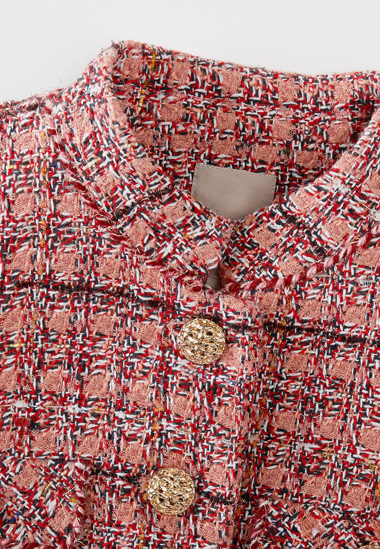 Charm-detail Chain Belt Stand Collar Tweed Dress