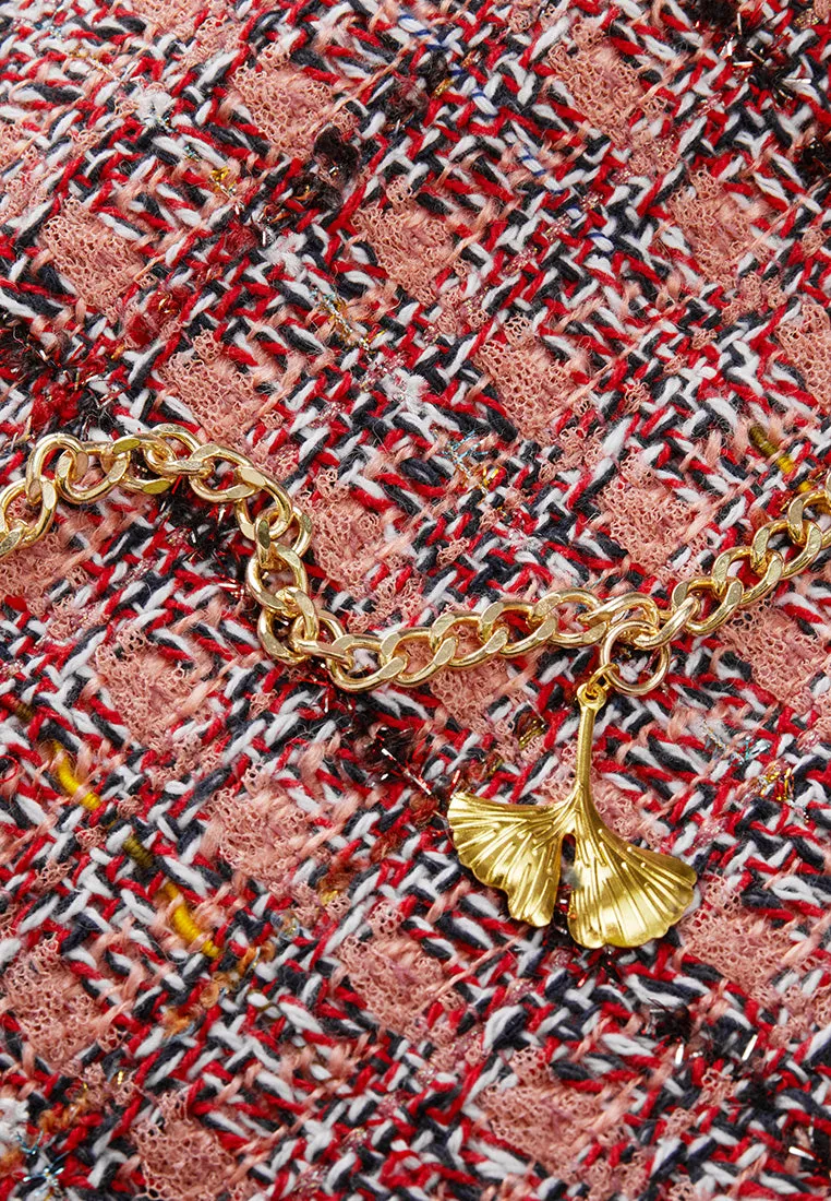 Charm-detail Chain Belt Stand Collar Tweed Dress