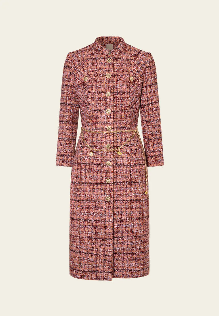 Charm-detail Chain Belt Stand Collar Tweed Dress