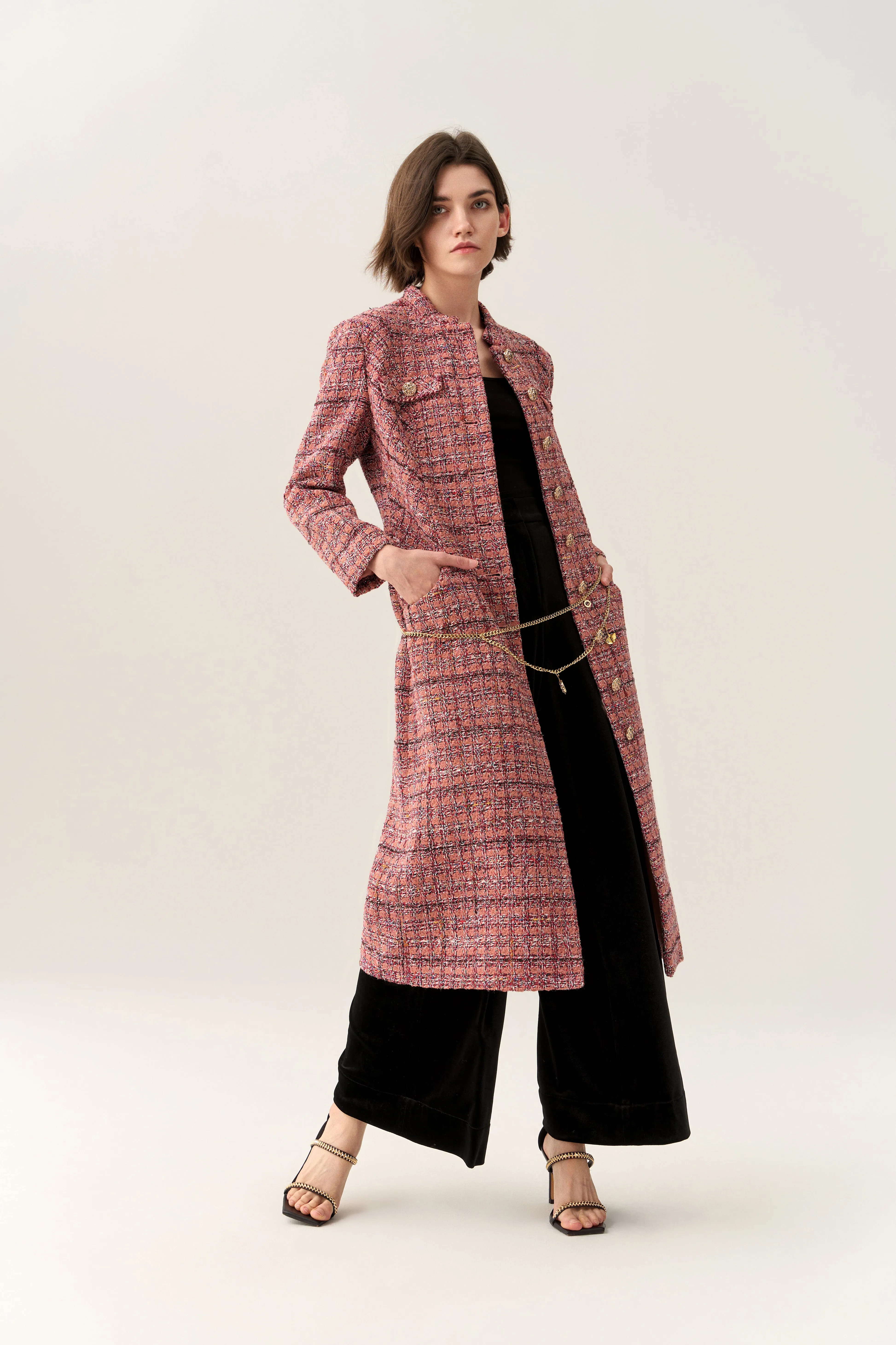 Charm-detail Chain Belt Stand Collar Tweed Dress