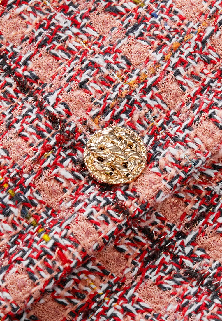 Charm-detail Chain Belt Stand Collar Tweed Dress