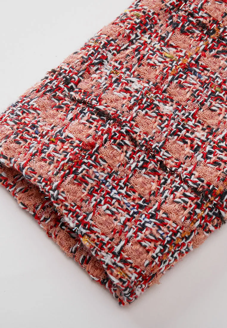 Charm-detail Chain Belt Stand Collar Tweed Dress