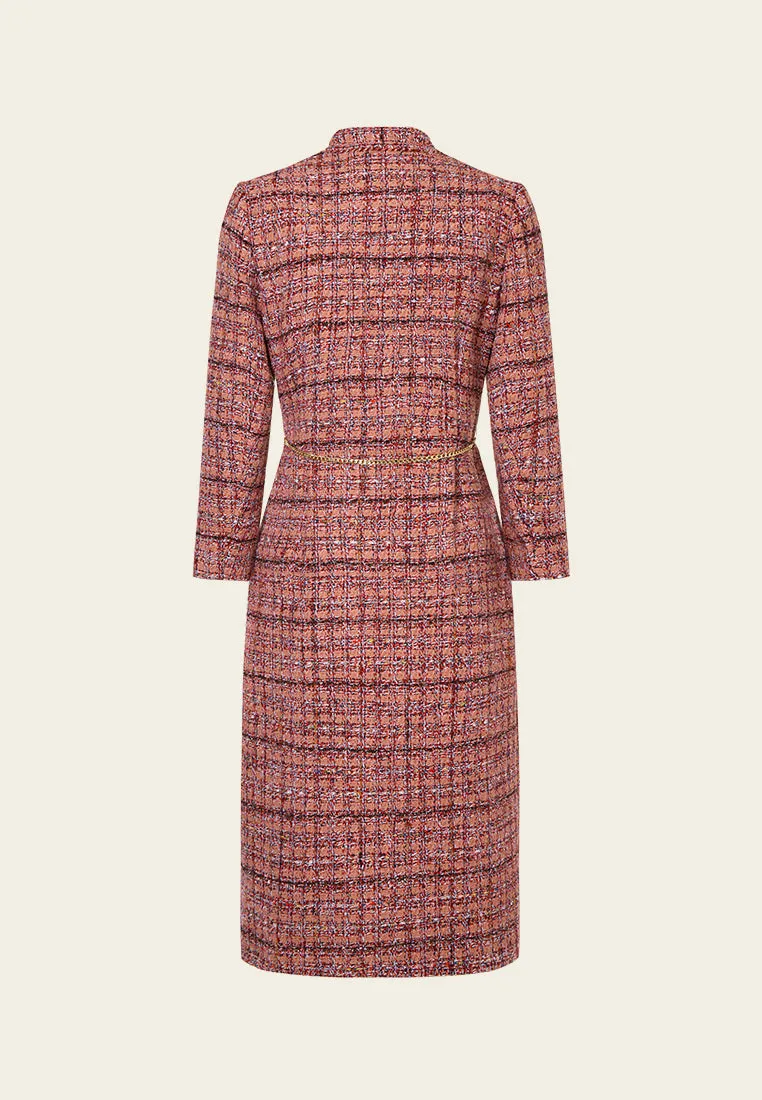 Charm-detail Chain Belt Stand Collar Tweed Dress