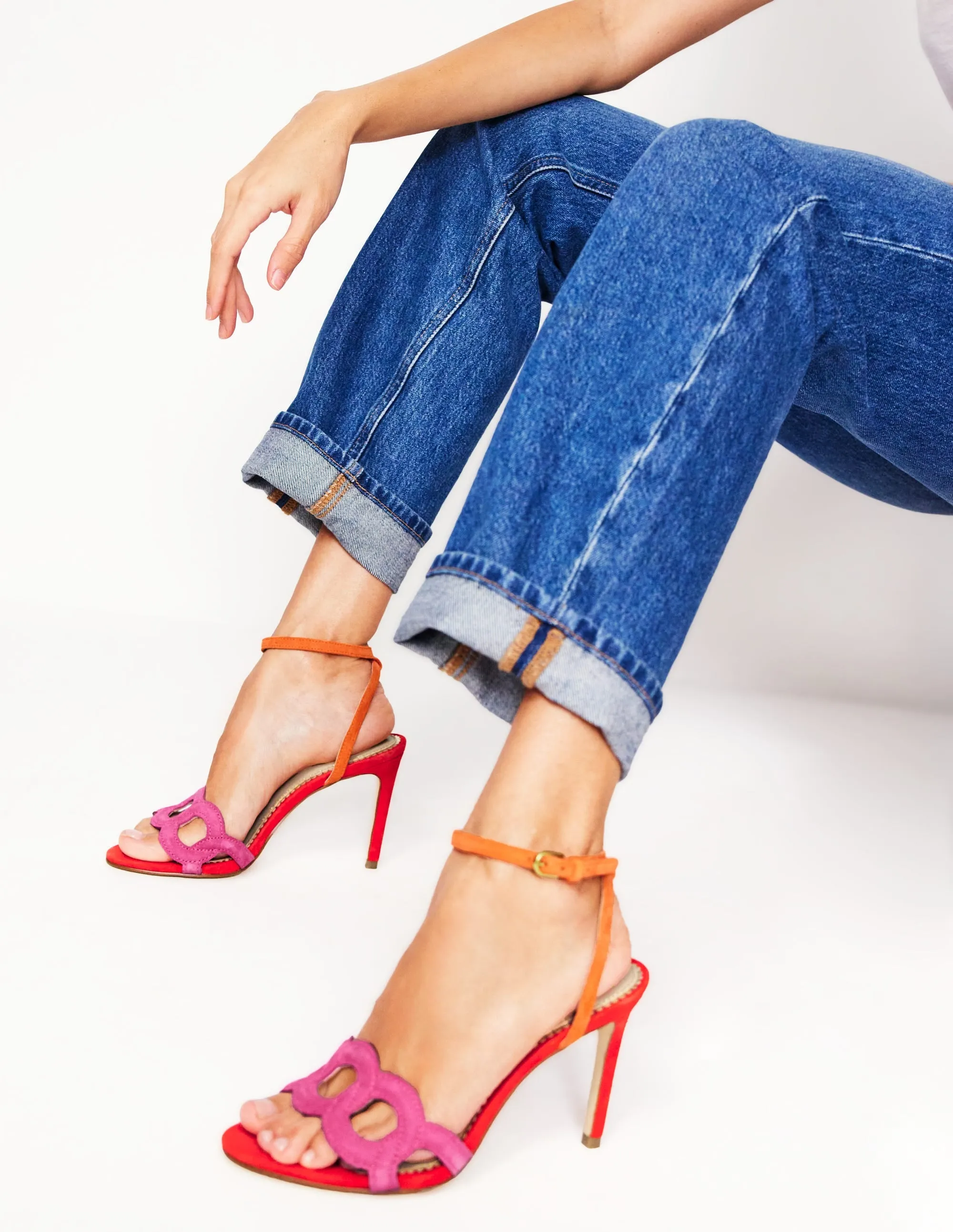 Circle Detail Heeled Sandal-Post Box Red/Sorbet Pink