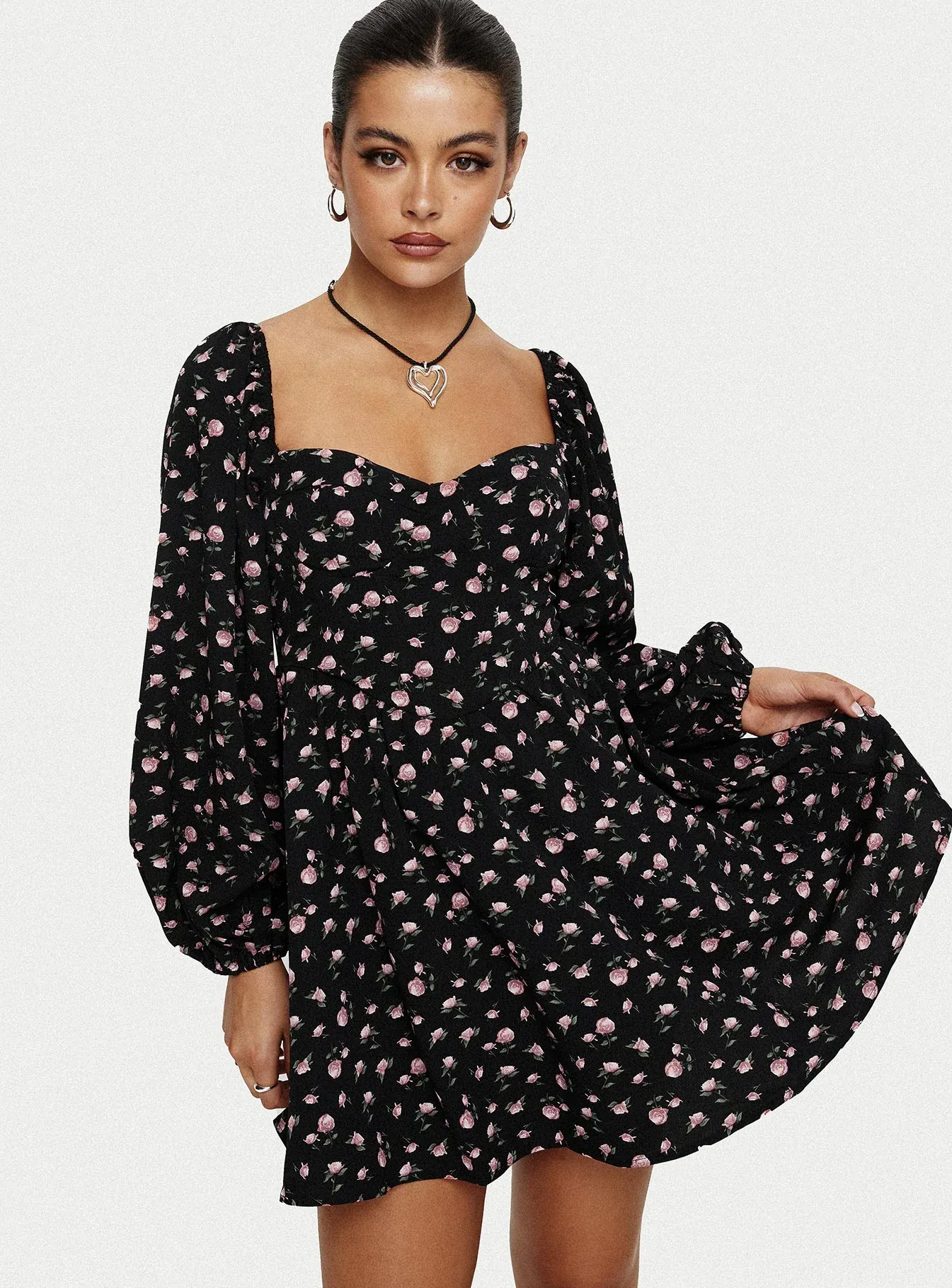 Darso Long Sleeve Mini Dress Black Floral