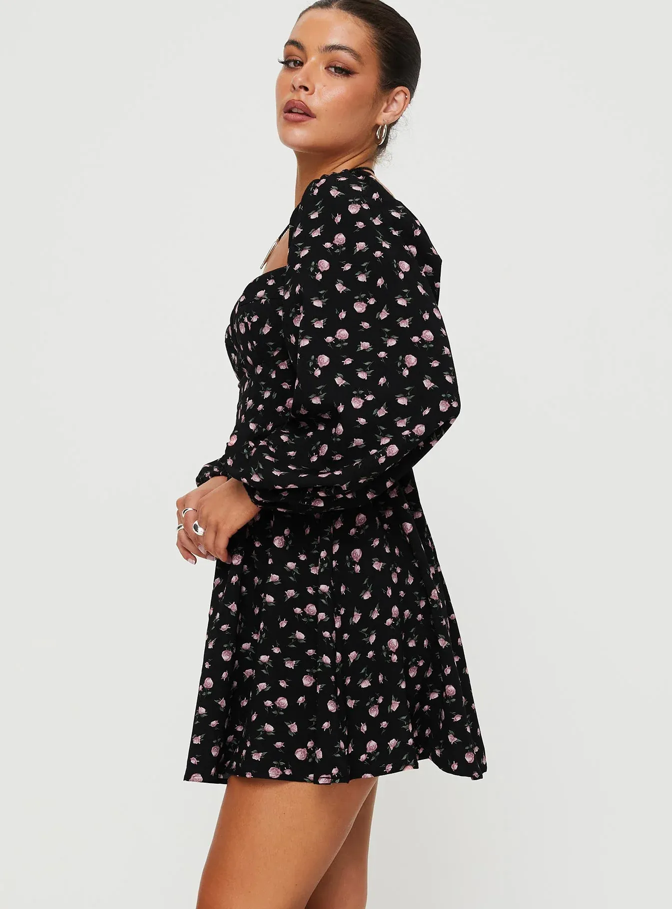 Darso Long Sleeve Mini Dress Black Floral
