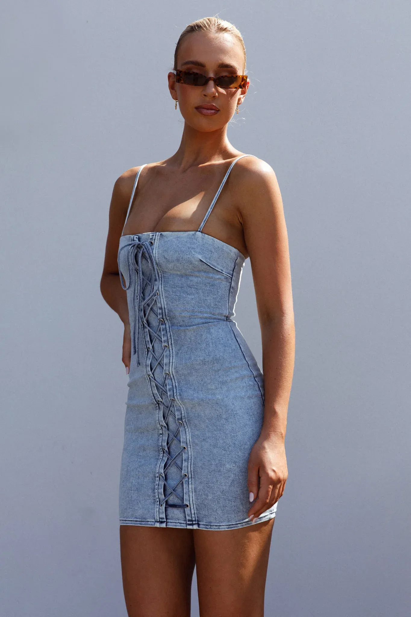 Don't Try Me Lace Up Mini Dress Denim
