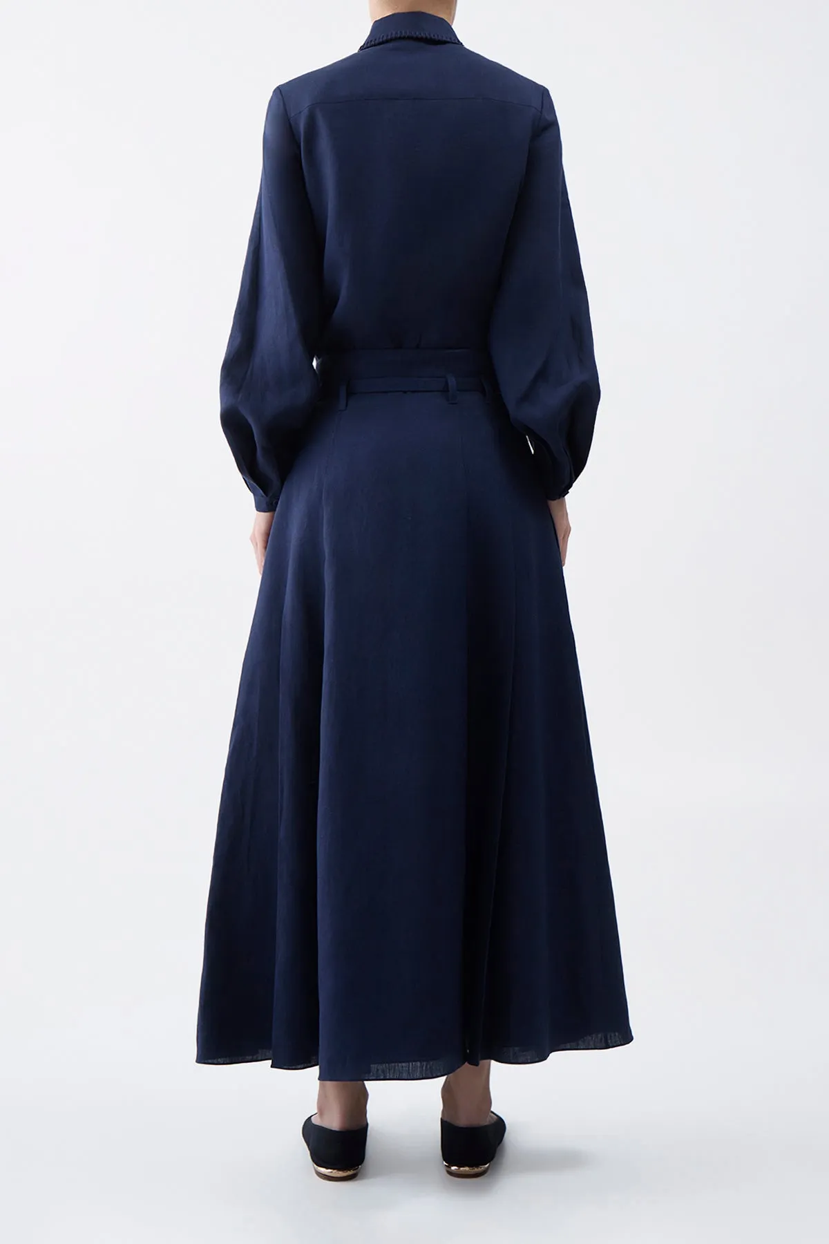 Dugald Pleated Midi Skirt in Navy Aloe Linen