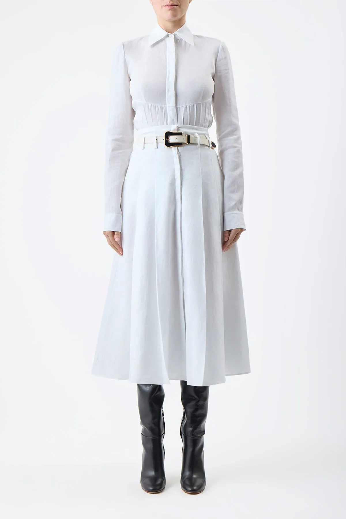 Dugald Pleated Midi Skirt in White Aloe Linen