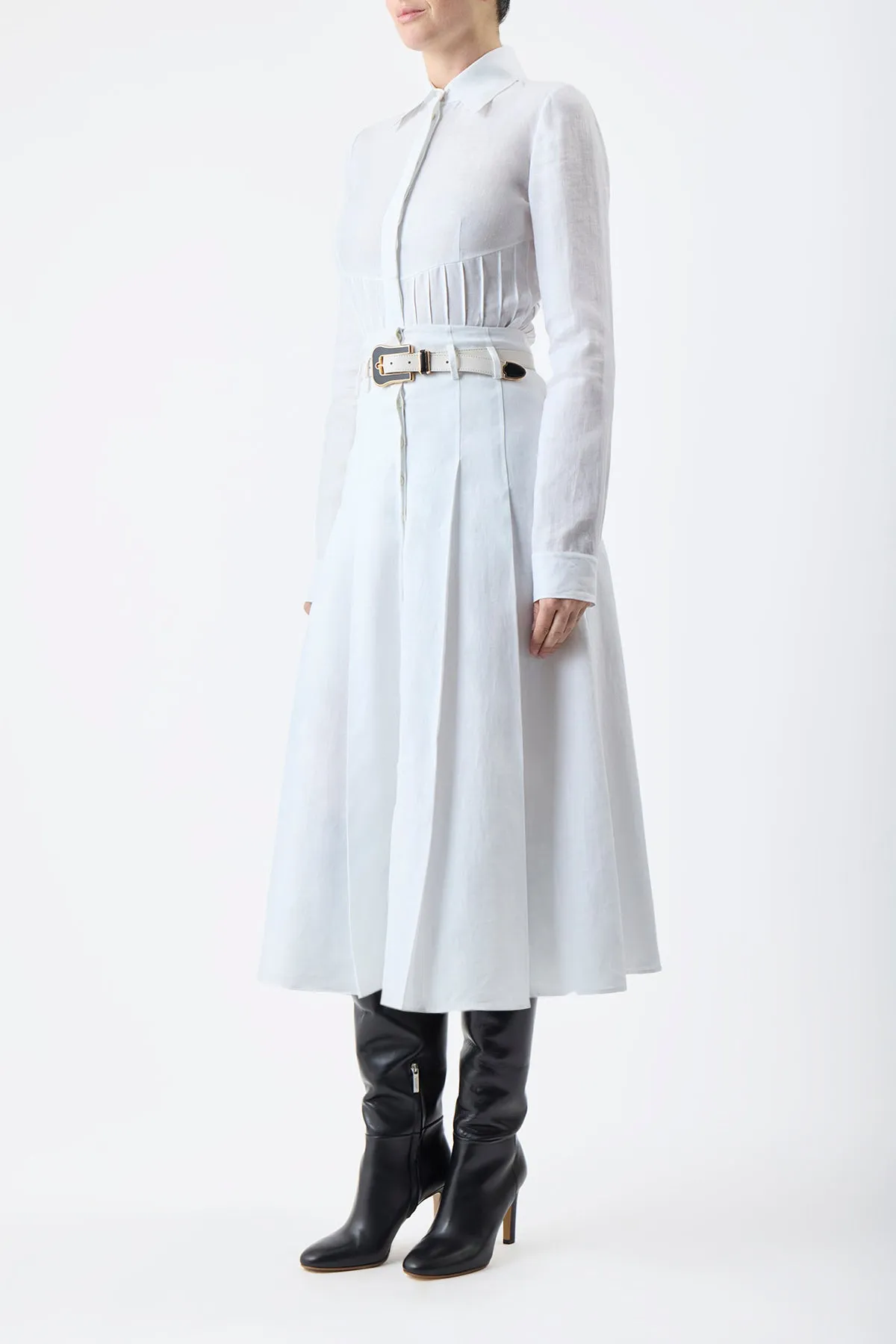 Dugald Pleated Midi Skirt in White Aloe Linen
