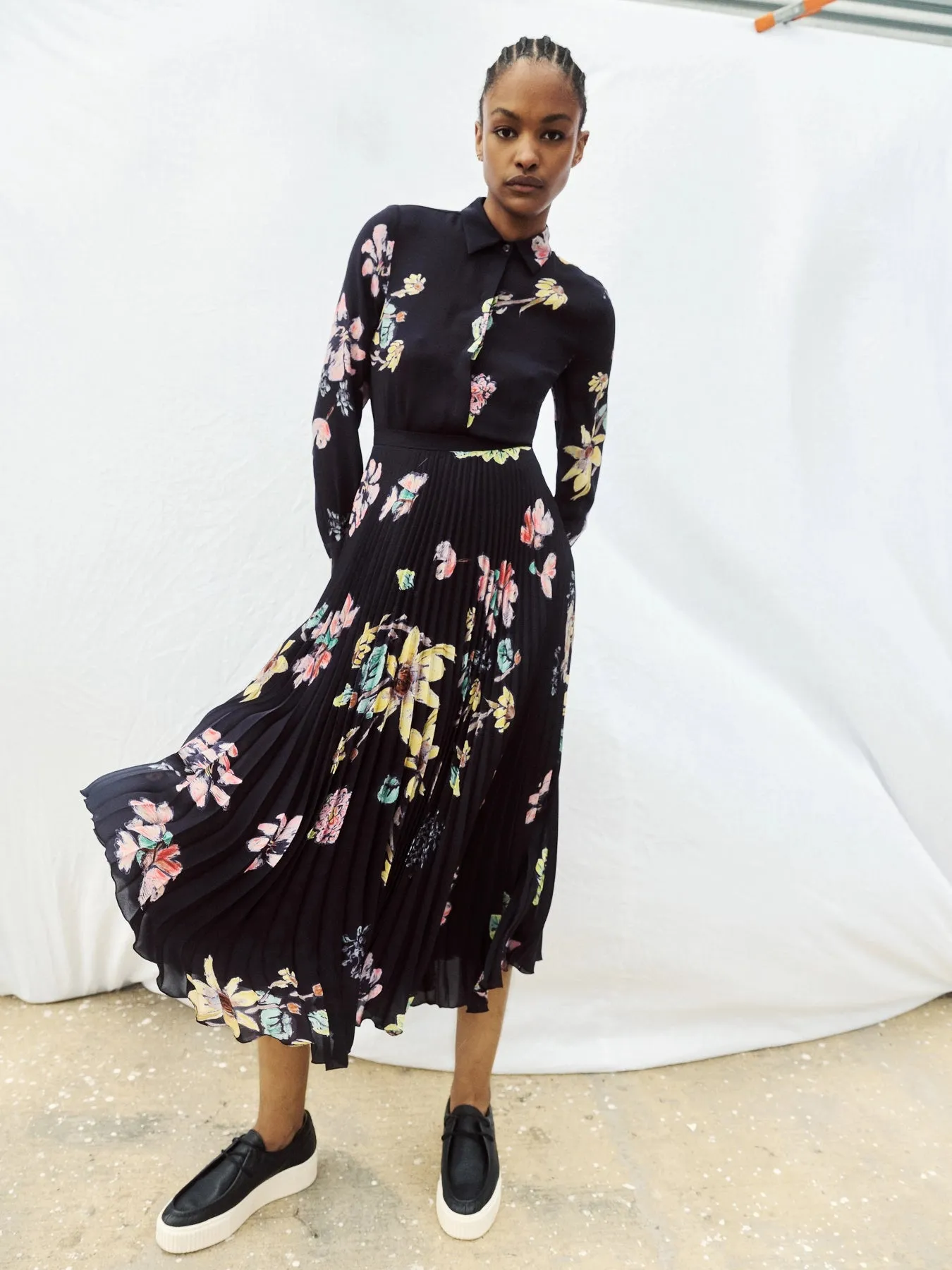 Eames Midi Skirt in Dark Navy Multi Printed Silk Georgette