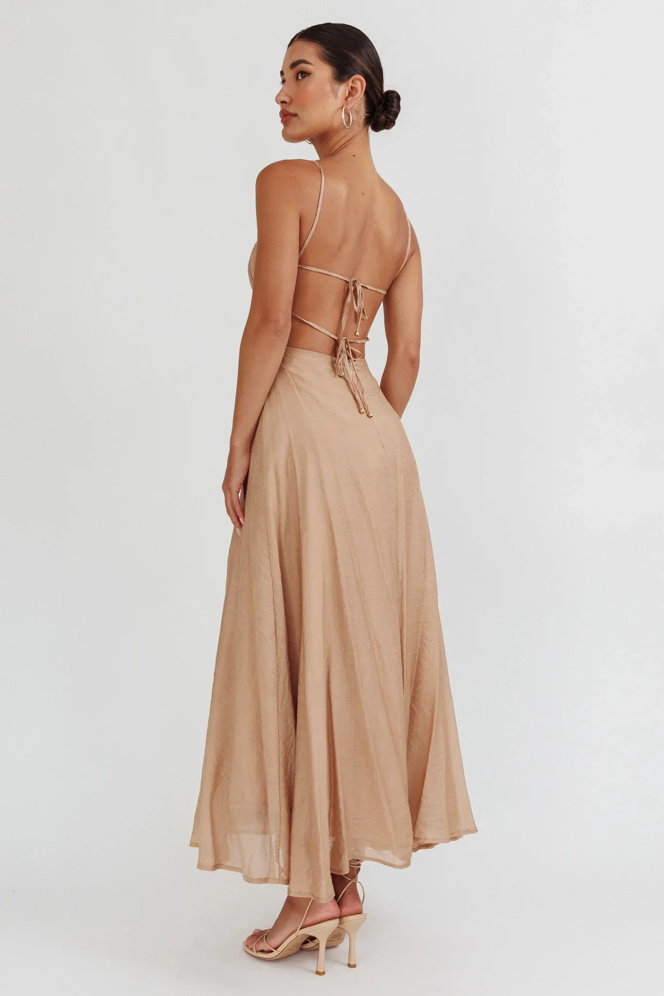 Echoes Tied Back A-Line Midi Dress Taupe