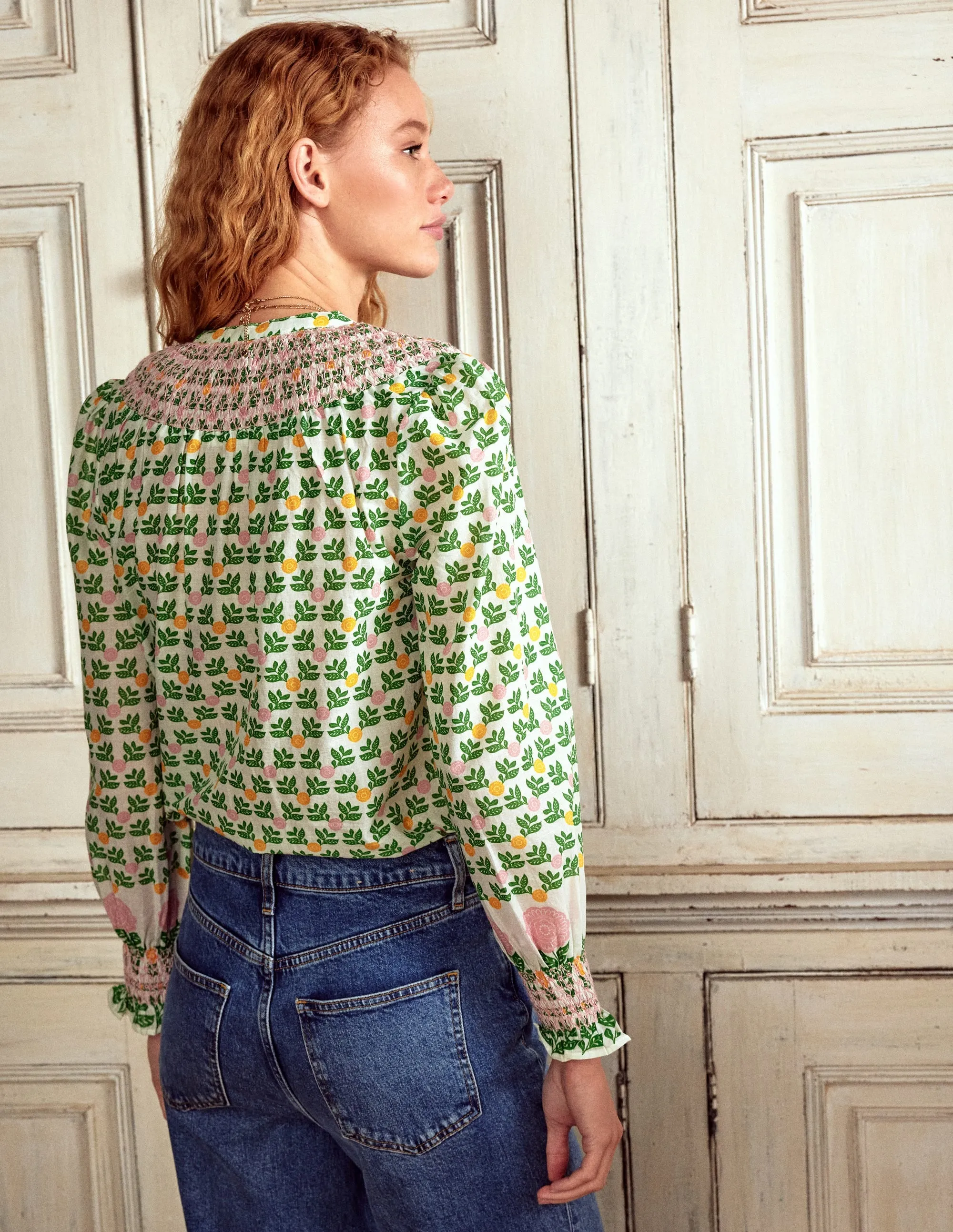Effie Smocked Blouse-Ivory Green. Dahlia Garden
