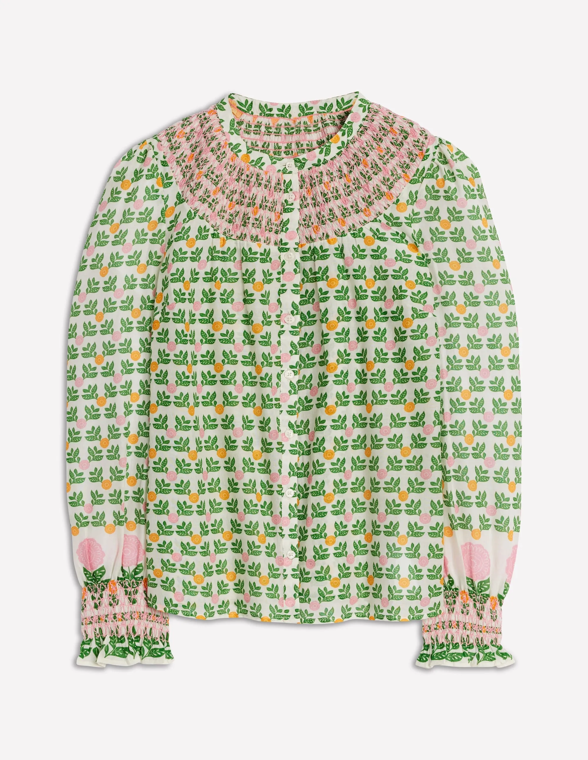 Effie Smocked Blouse-Ivory Green. Dahlia Garden