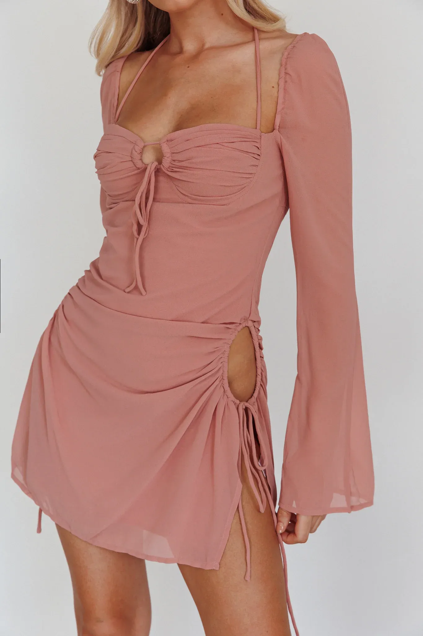 Etta Drawstring Long Sleeve Mini Dress Blush