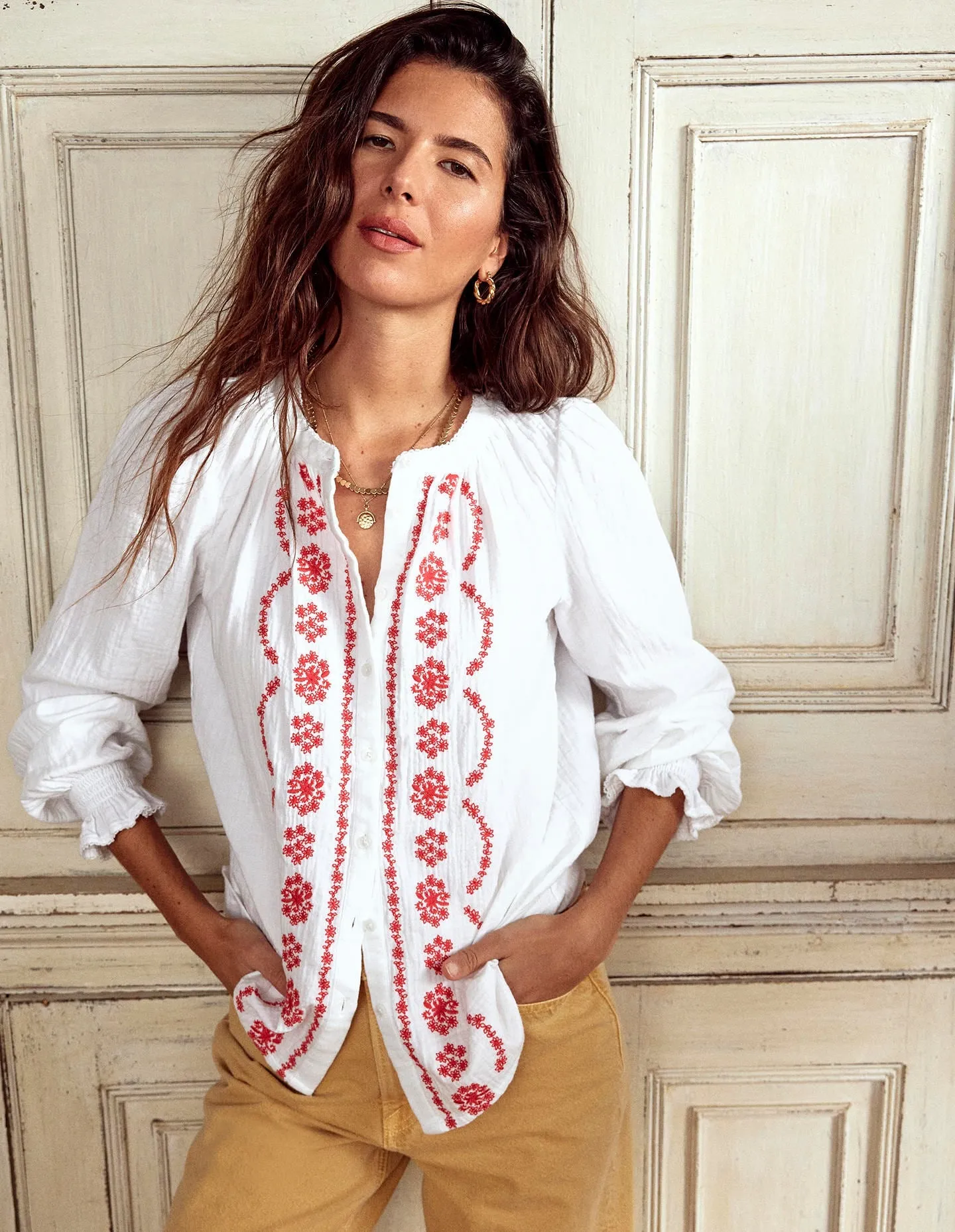 Evie Double Cloth Top-White. Red Embroidery