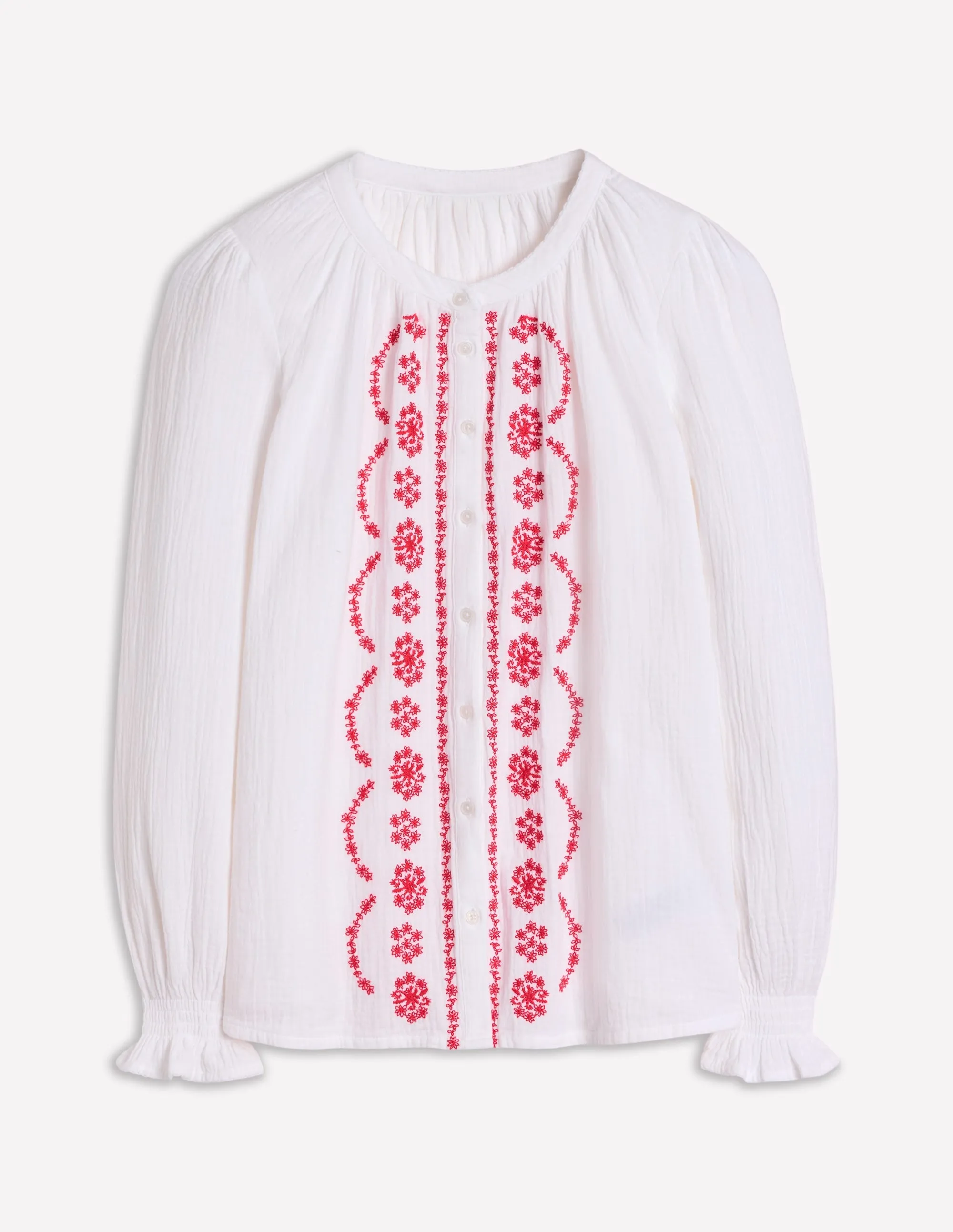 Evie Double Cloth Top-White. Red Embroidery