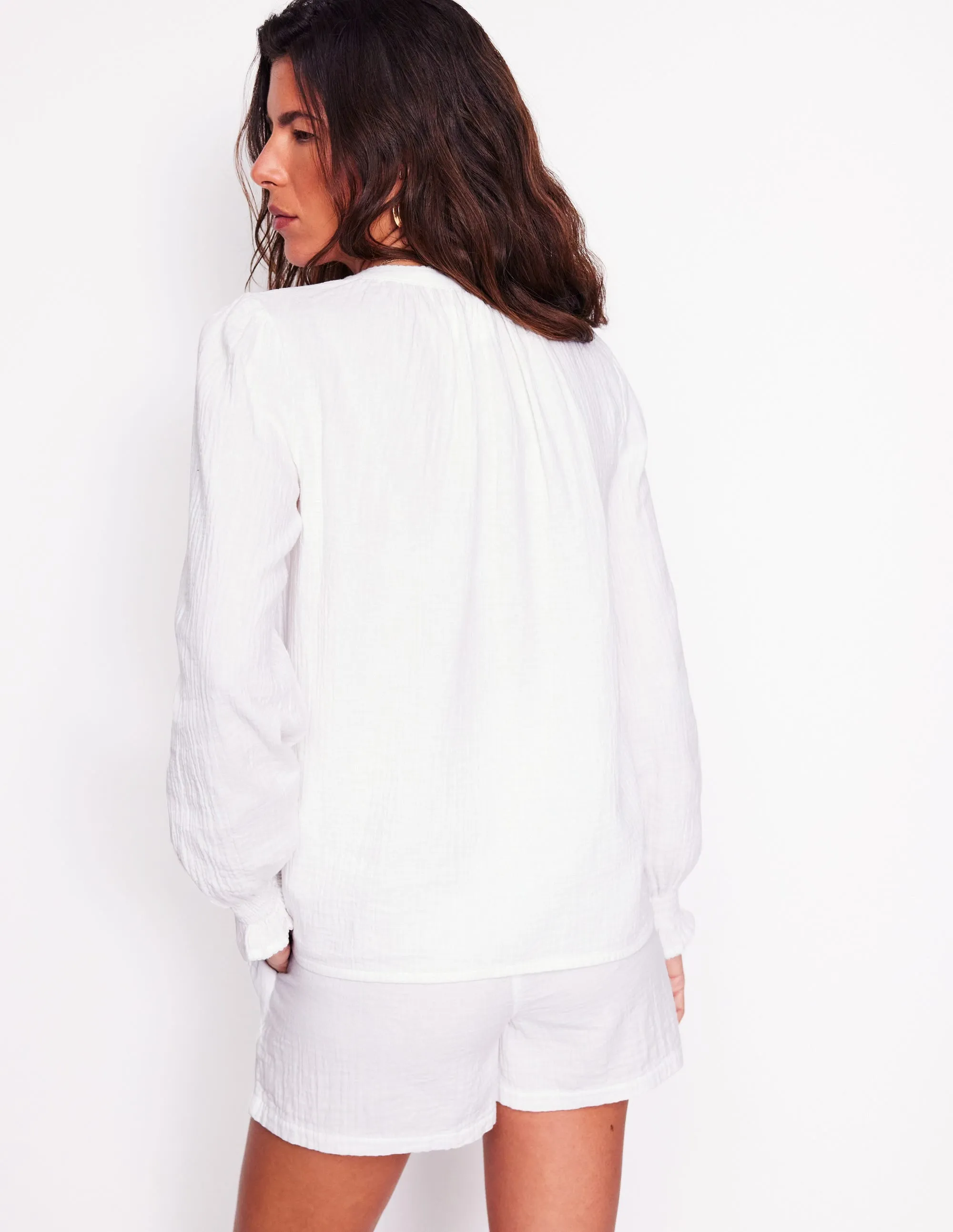 Evie Double Cloth Top-White. Red Embroidery