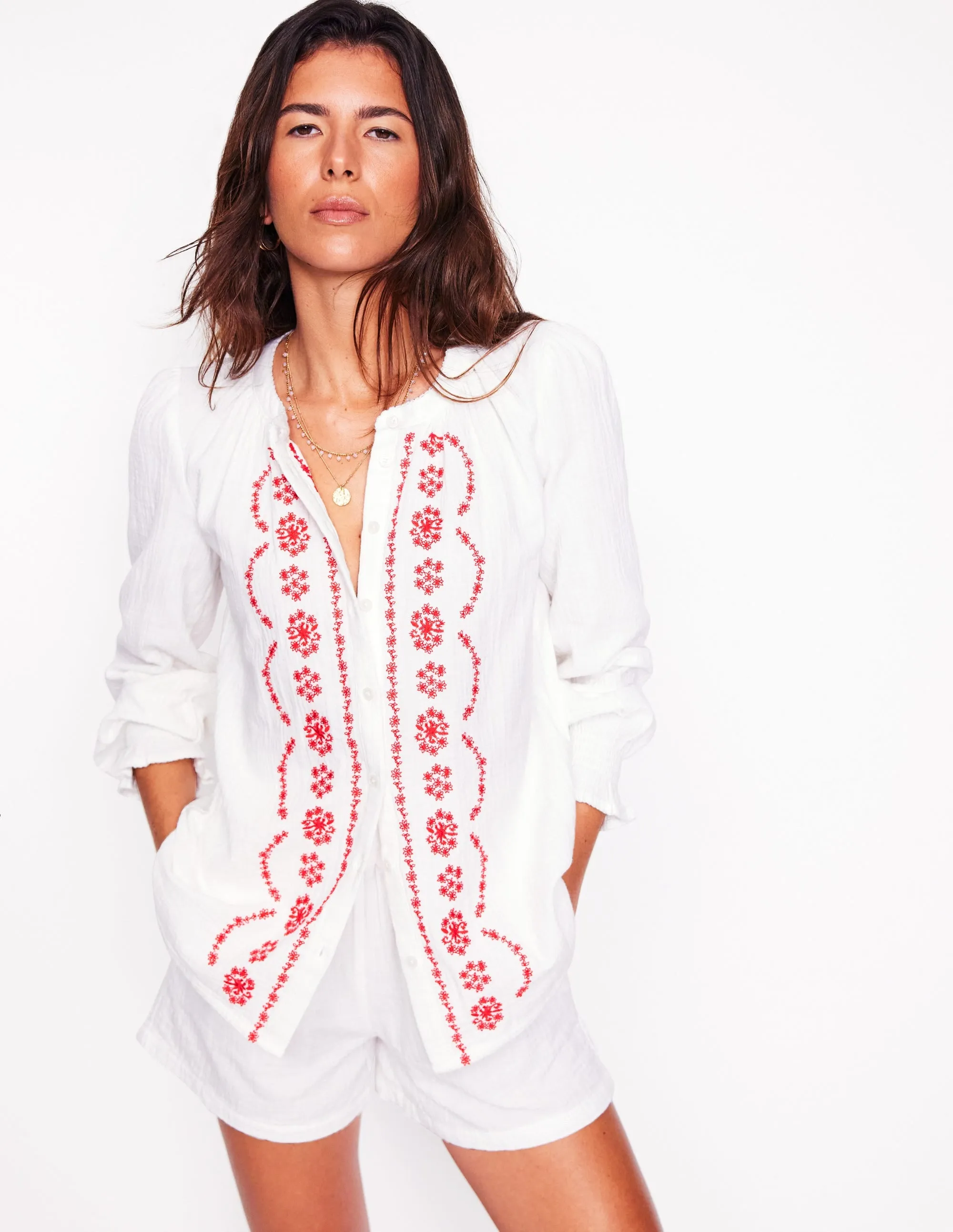 Evie Double Cloth Top-White. Red Embroidery