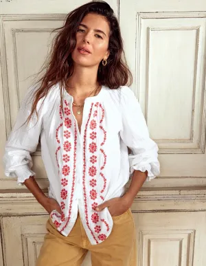 Evie Double Cloth Top-White. Red Embroidery