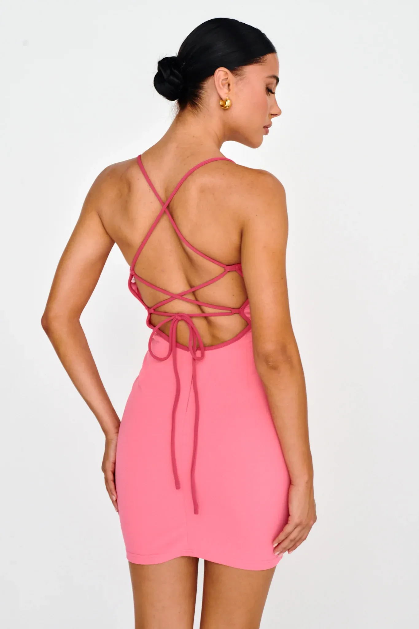 Future Awaits Lace-Up Back Mini Dress Hot Pink