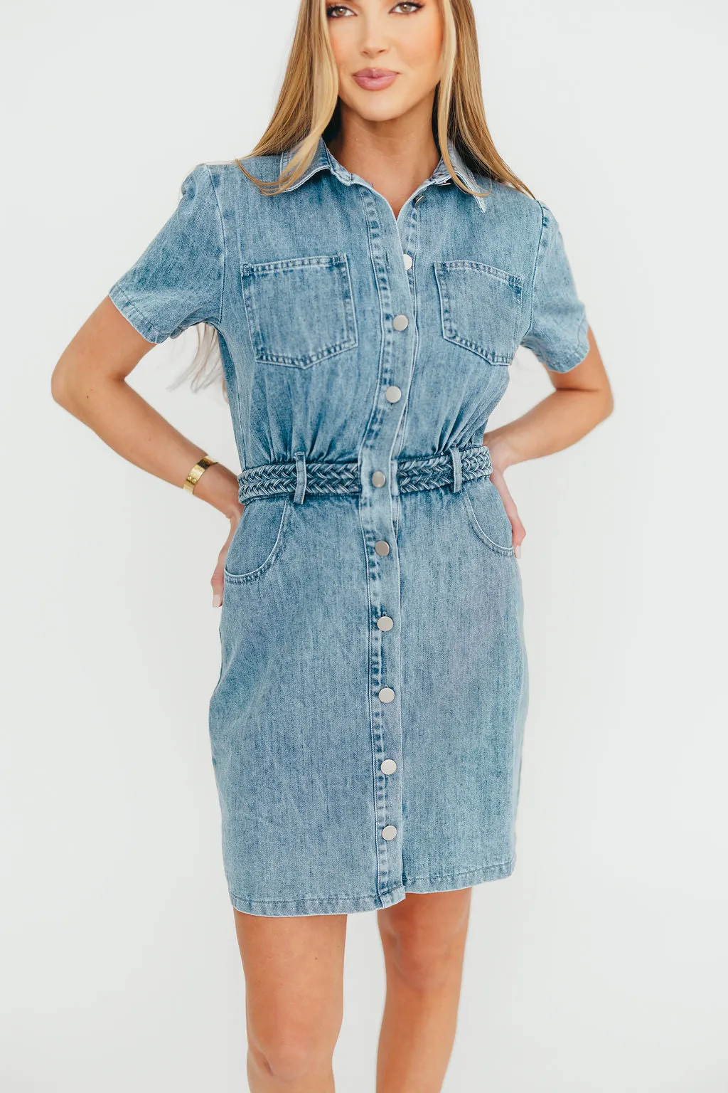 Gabriella Belted Button Down Mini Denim Dress