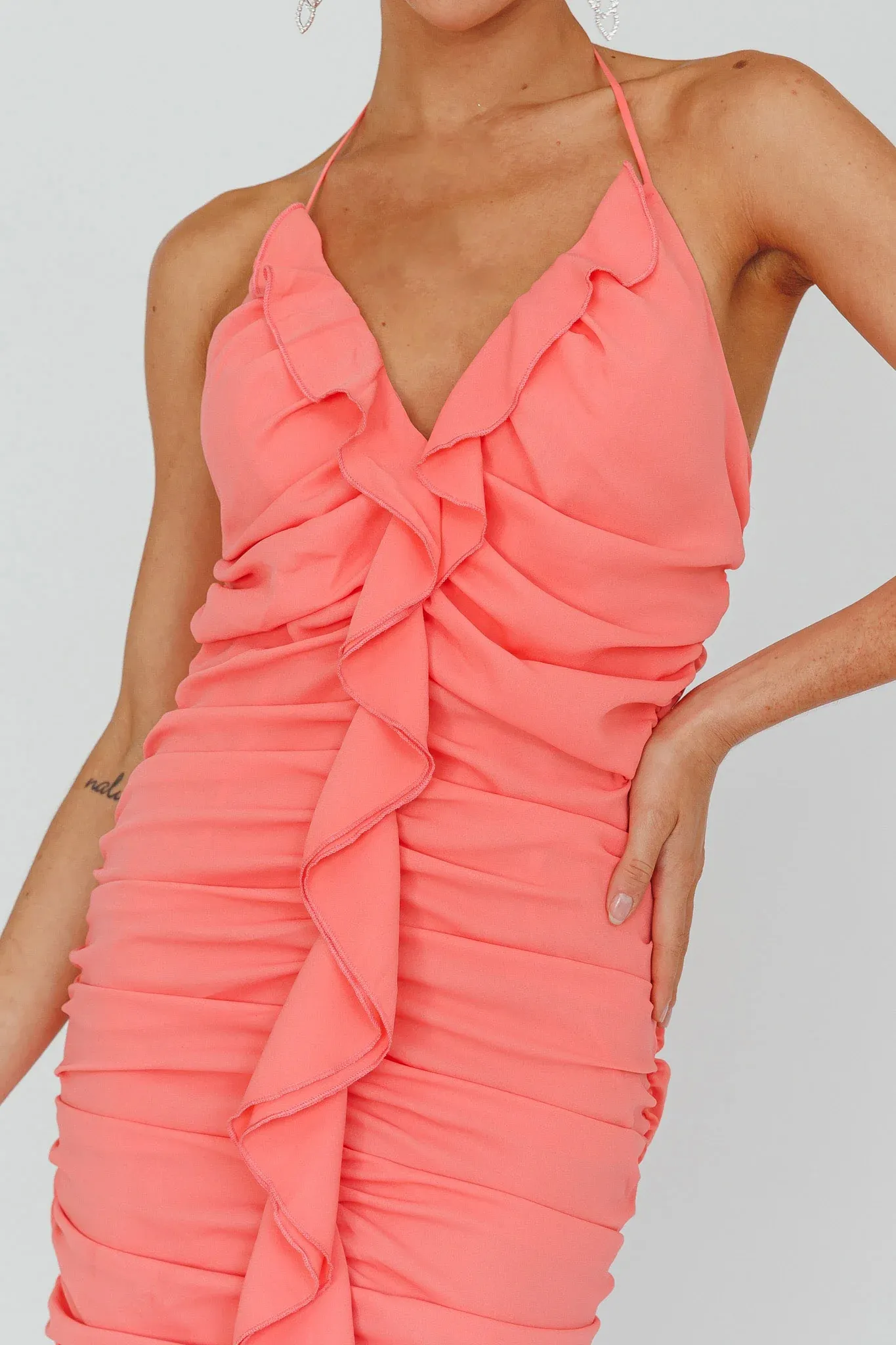 Get Obsessed Ruffle Trim Mini Dress Guava