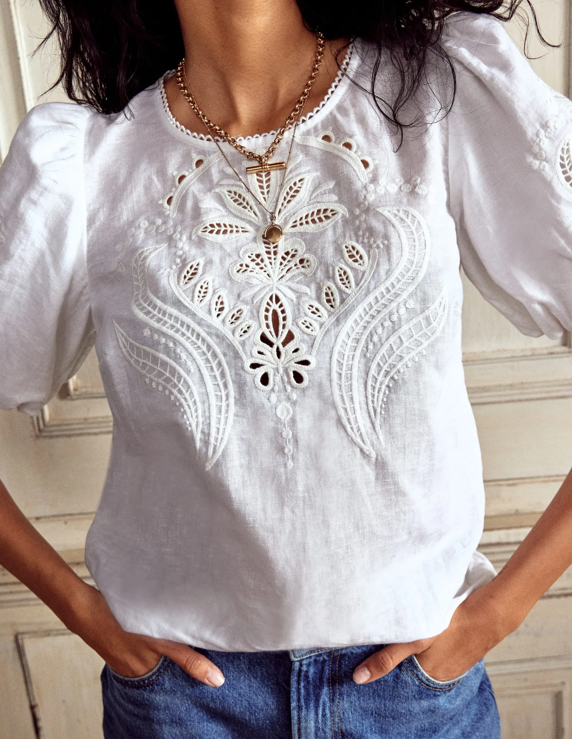 Linen Cutwork Top-White