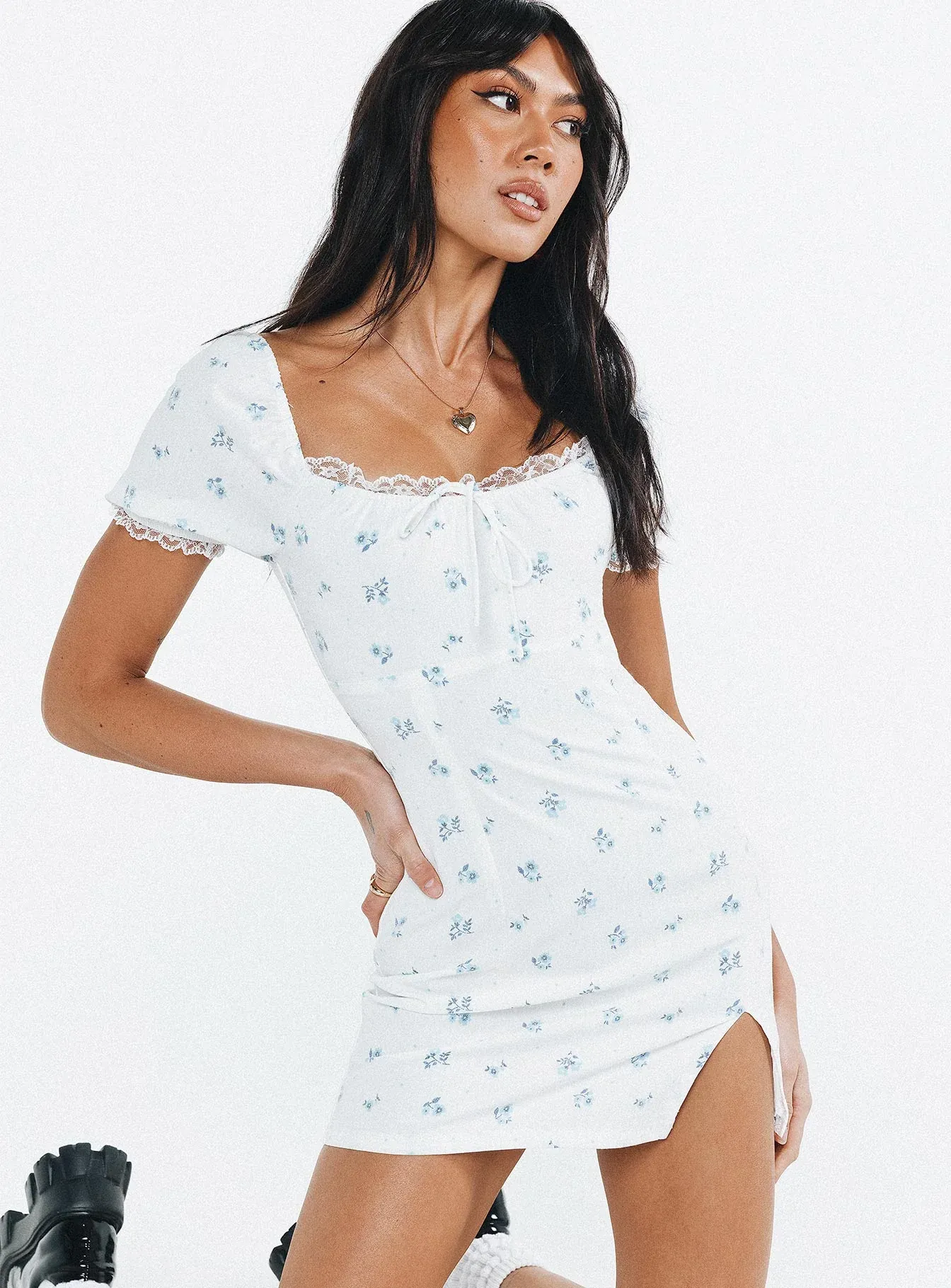 Love Lies Mini Dress White / Blue Floral