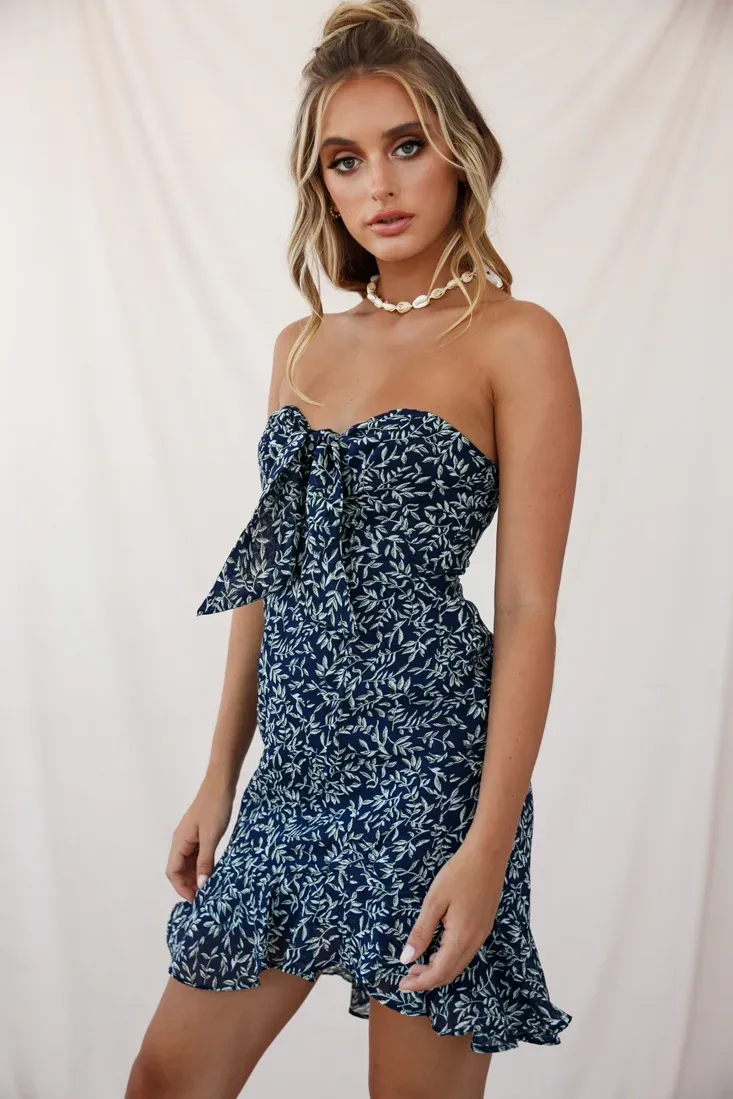 Lucky Tie-Knot Bust Ruffle Hem Mini Dress Leaf Print Navy