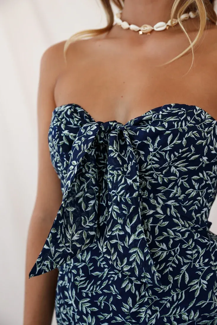 Lucky Tie-Knot Bust Ruffle Hem Mini Dress Leaf Print Navy