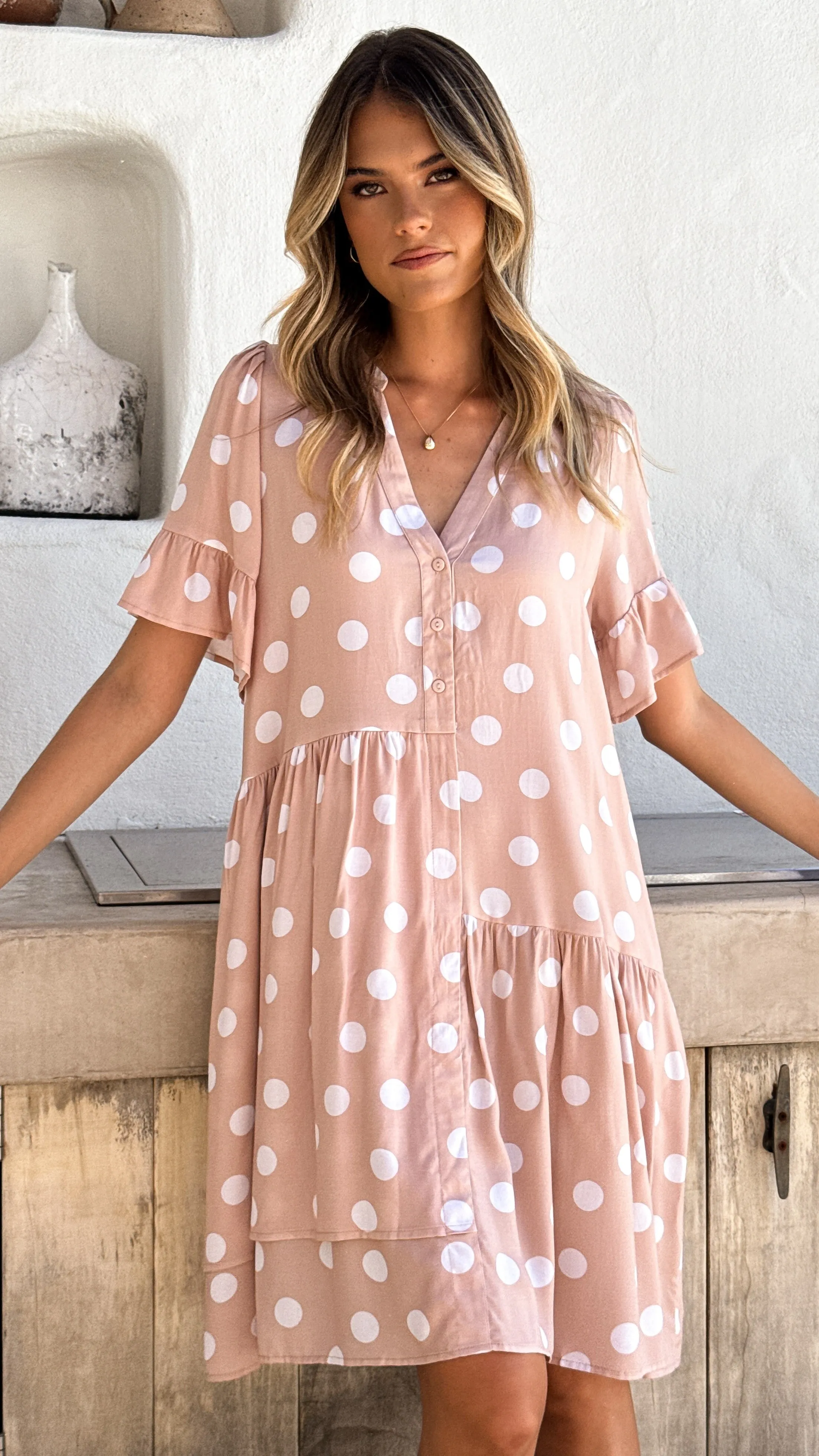 Lyssa Mini Dress - Beige/White Spot