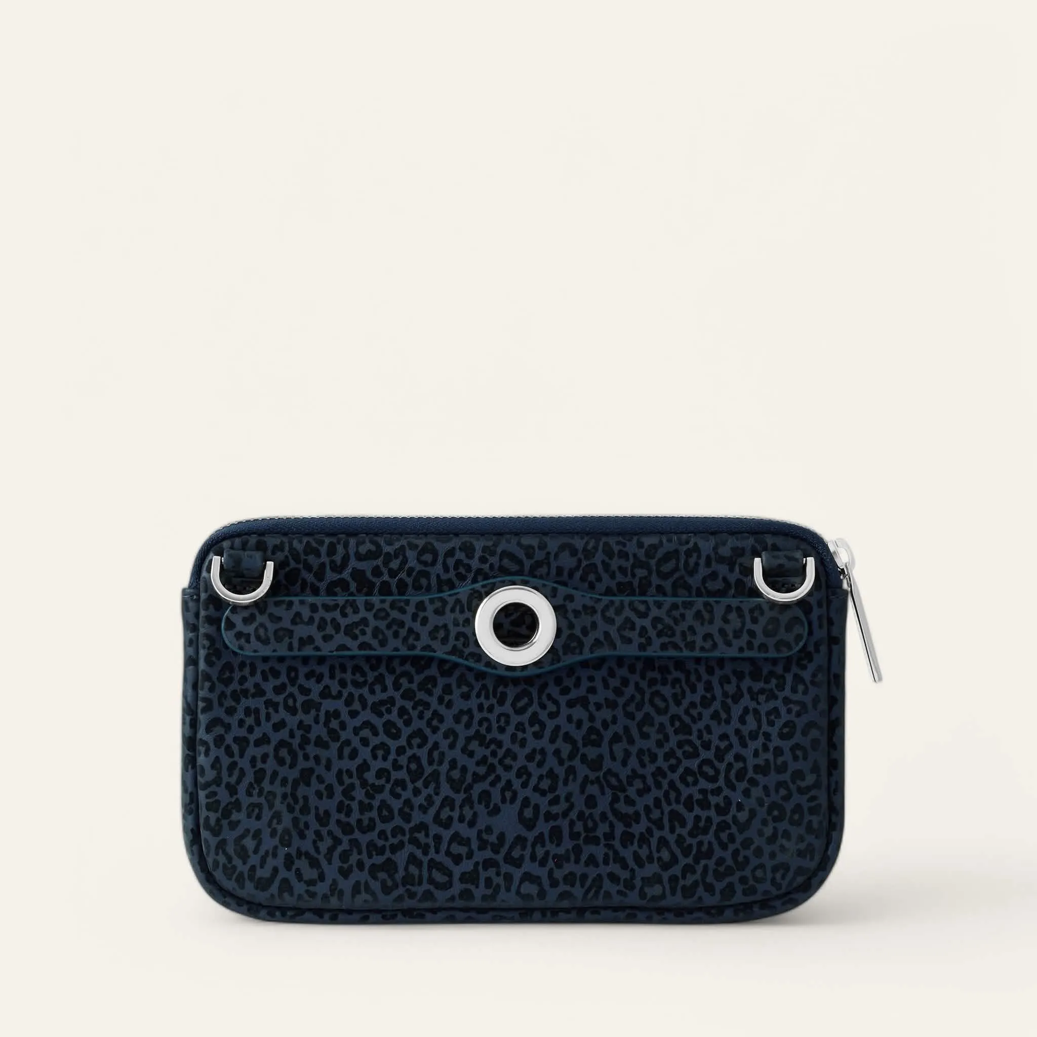 Millie Pouch | Navy Leopard with Silver hardware