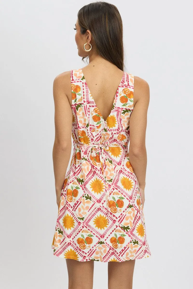 Multi Abstract A Line Mini Dress Sleeveless Linen Blend