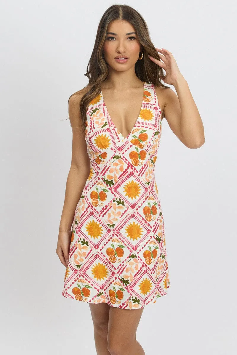 Multi Abstract A Line Mini Dress Sleeveless Linen Blend