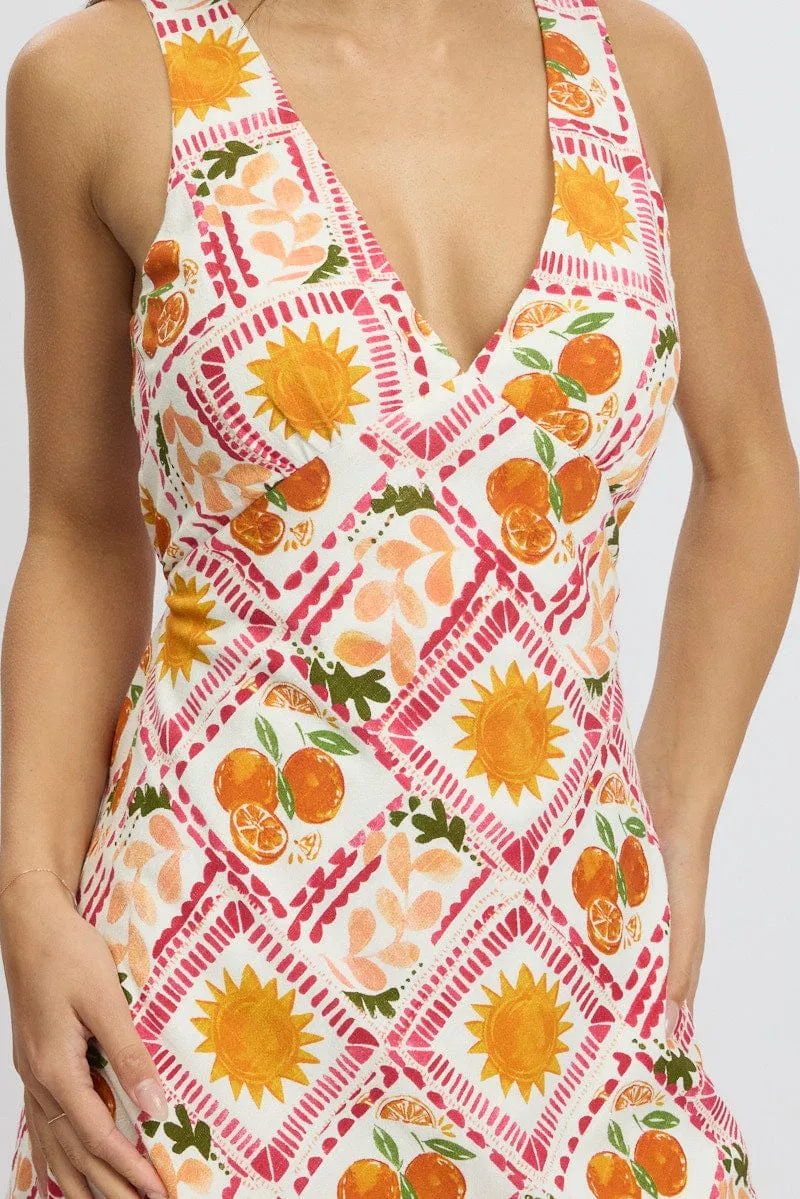 Multi Abstract A Line Mini Dress Sleeveless Linen Blend