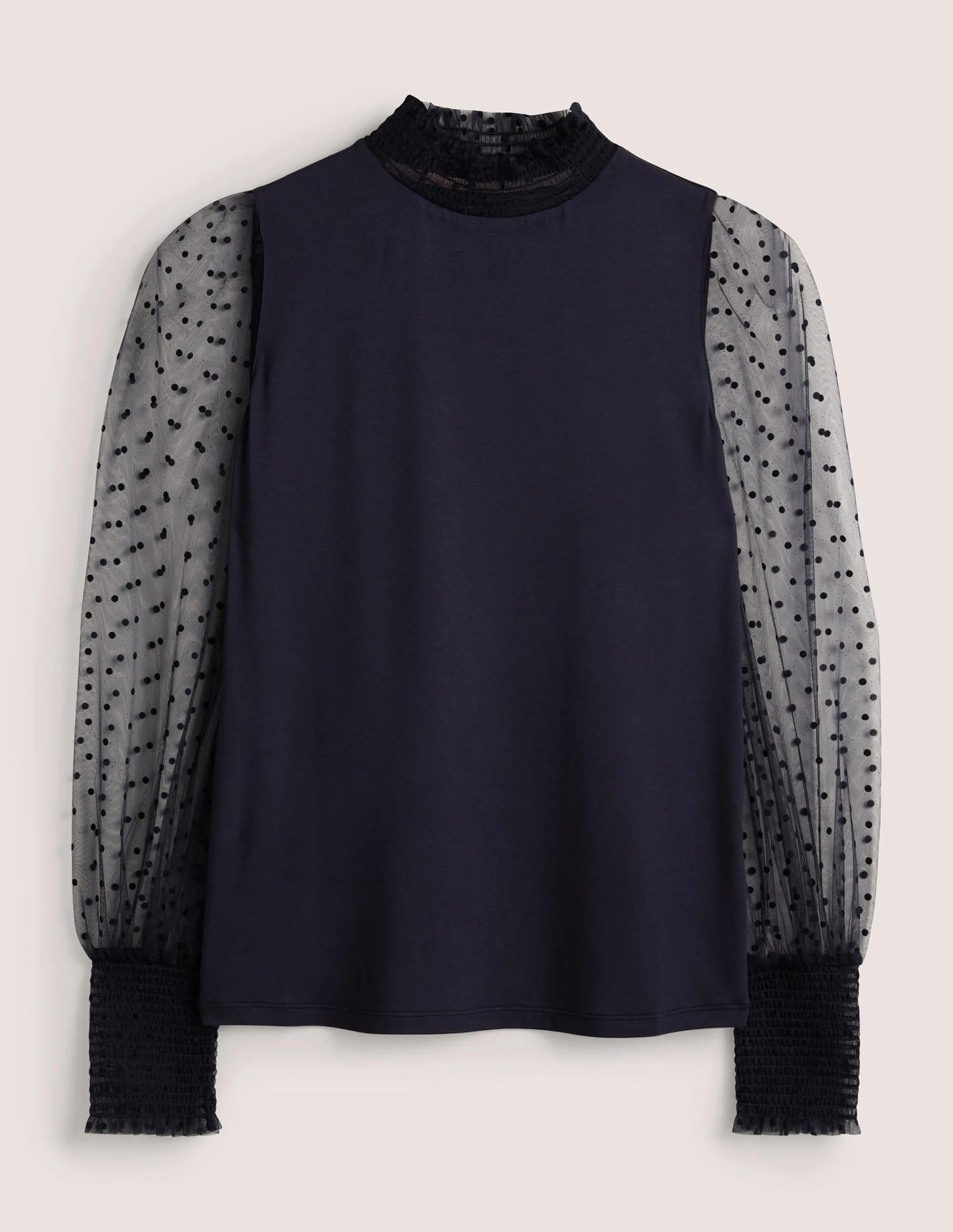 Navy Polka Dot Tulle-Sleeve Party Top-Navy/ Navy Flocked Spot