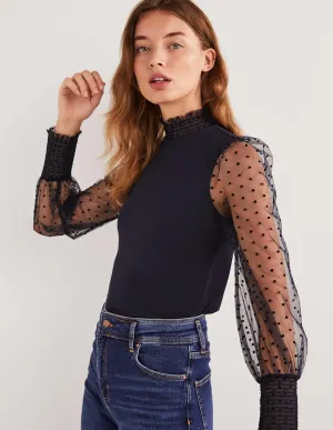 Navy Polka Dot Tulle-Sleeve Party Top-Navy/ Navy Flocked Spot