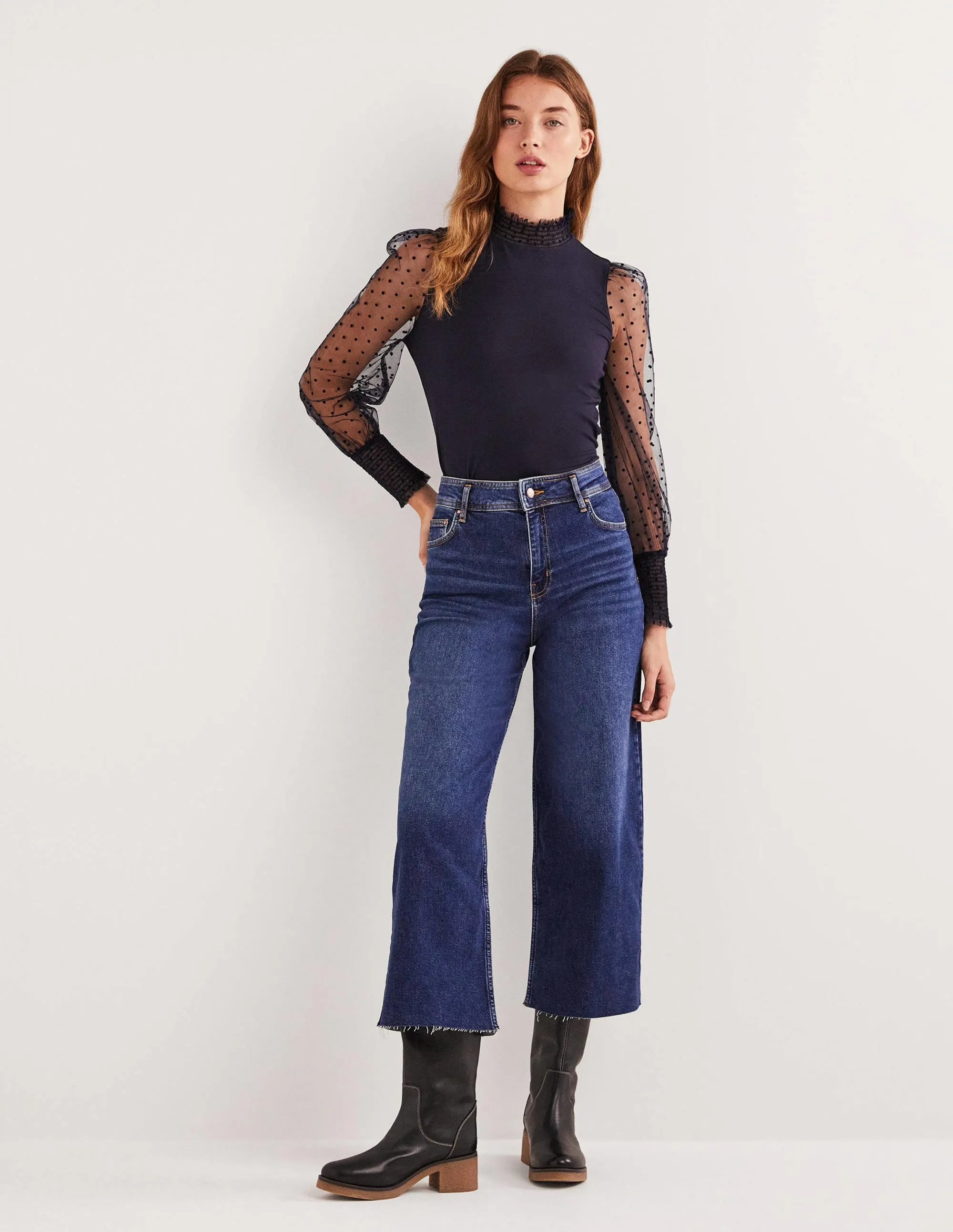 Navy Polka Dot Tulle-Sleeve Party Top-Navy/ Navy Flocked Spot