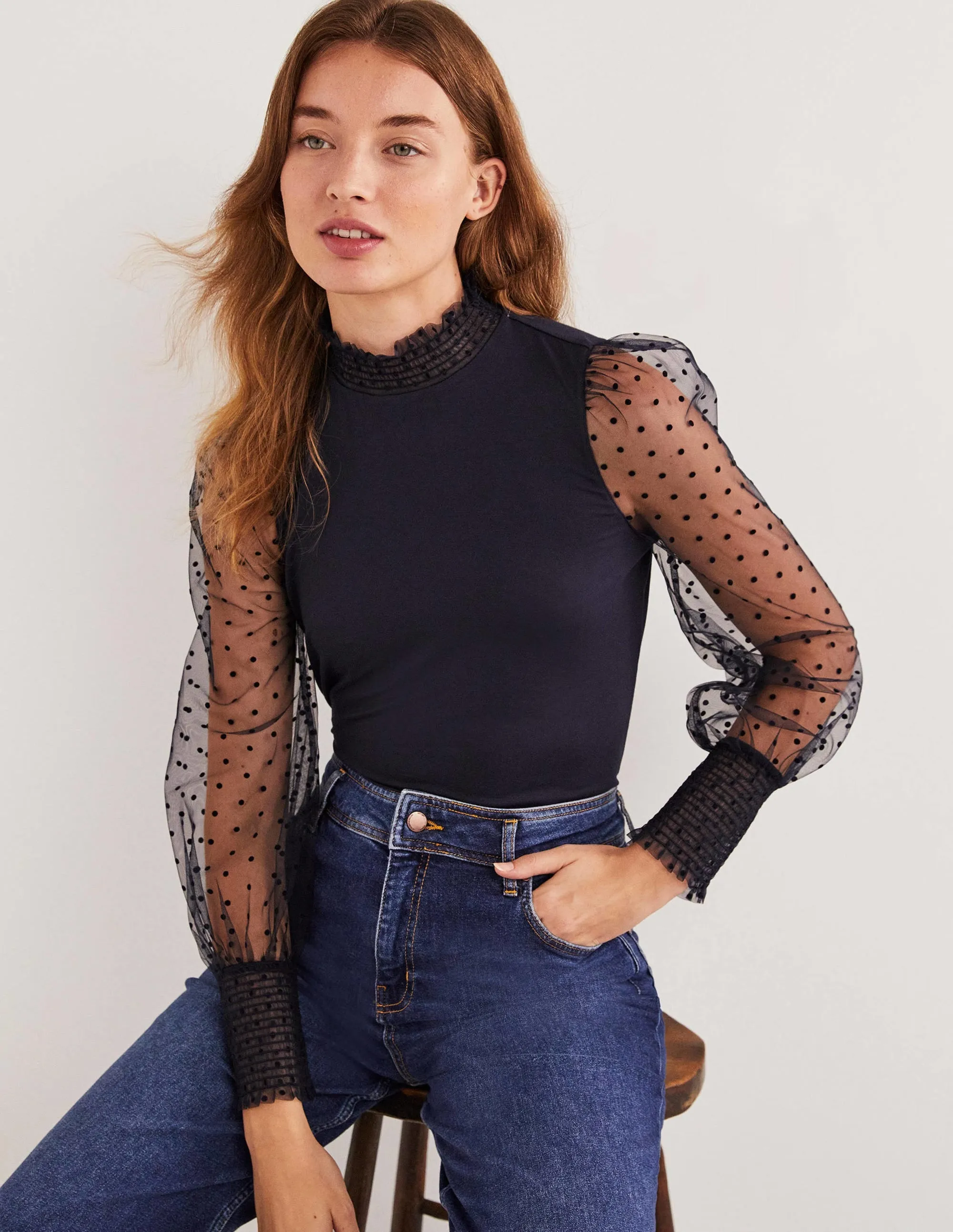 Navy Polka Dot Tulle-Sleeve Party Top-Navy/ Navy Flocked Spot