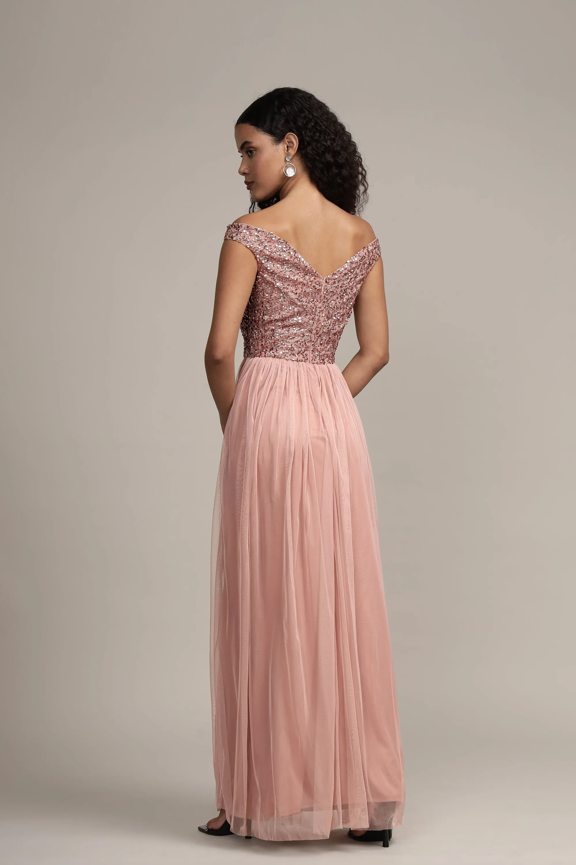 Nina Taupe Embellished Bridesmaid Maxi Dress