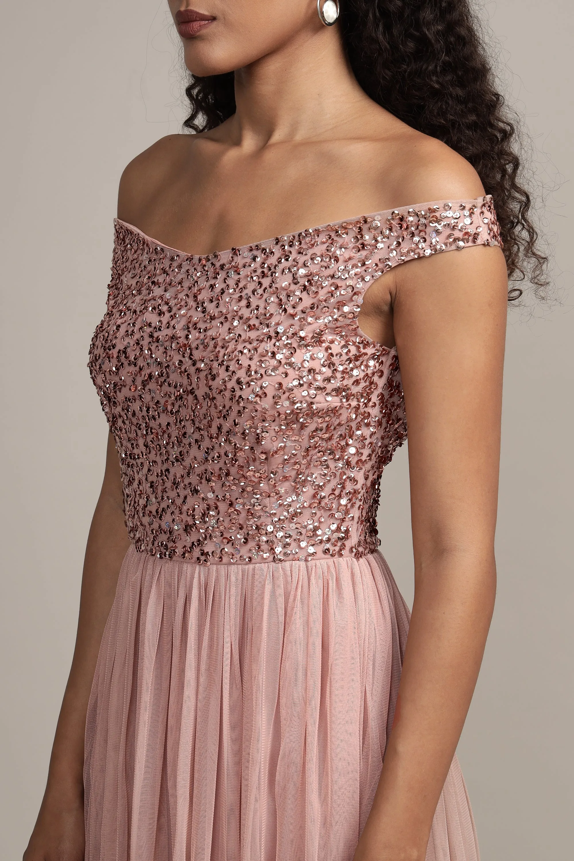 Nina Taupe Embellished Bridesmaid Maxi Dress