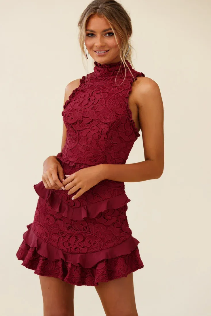 Osiris Sleeveless High Neck Lace Dress Wine