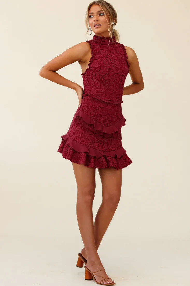 Osiris Sleeveless High Neck Lace Dress Wine