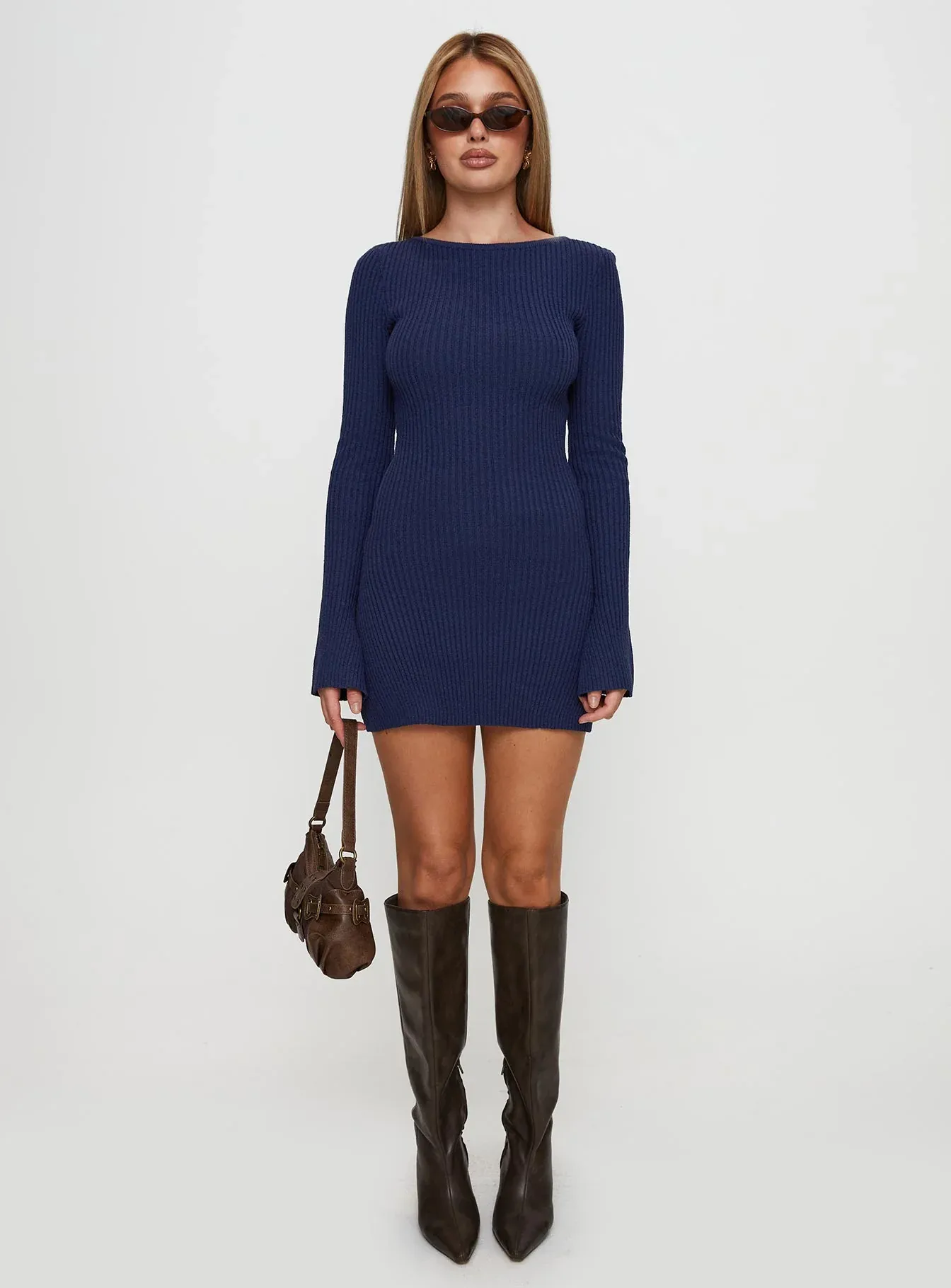 Osment Long Sleeve Knit Mini Dress Navy