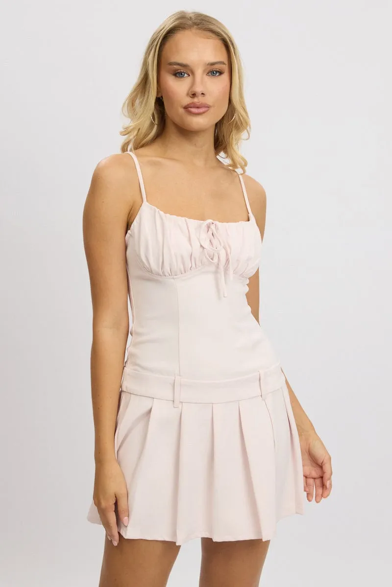 Pink Mini Dress Drop Waist Pleated