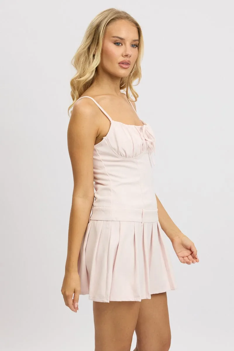 Pink Mini Dress Drop Waist Pleated