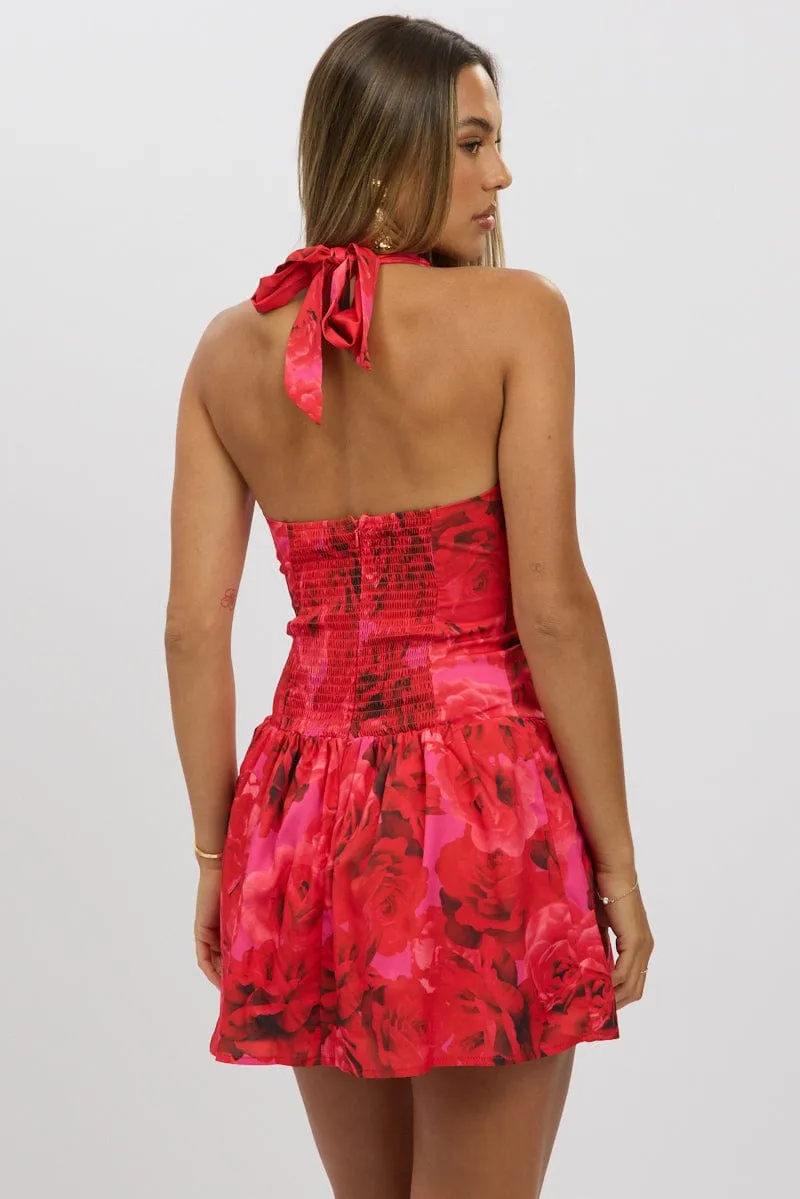 Red Floral Halter Neck Mini Dress