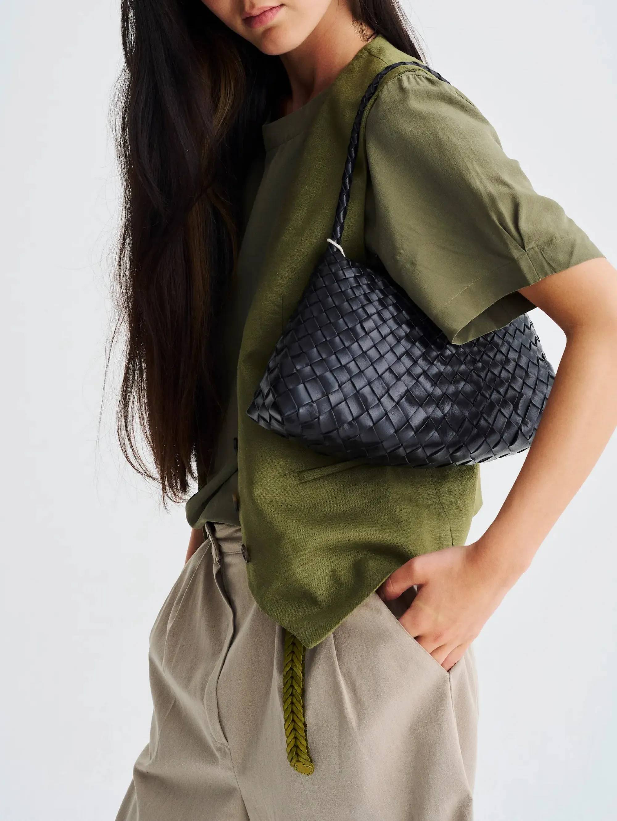 Rosanna Mini Braided Leather Baguette Bag Black